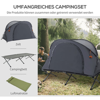 Camping Bed with Tent Elevated Camp Bed for 1 Person Dome Tent with Air Mattress incl. Carrying Bag Gray 200 x 86 x 147 cm