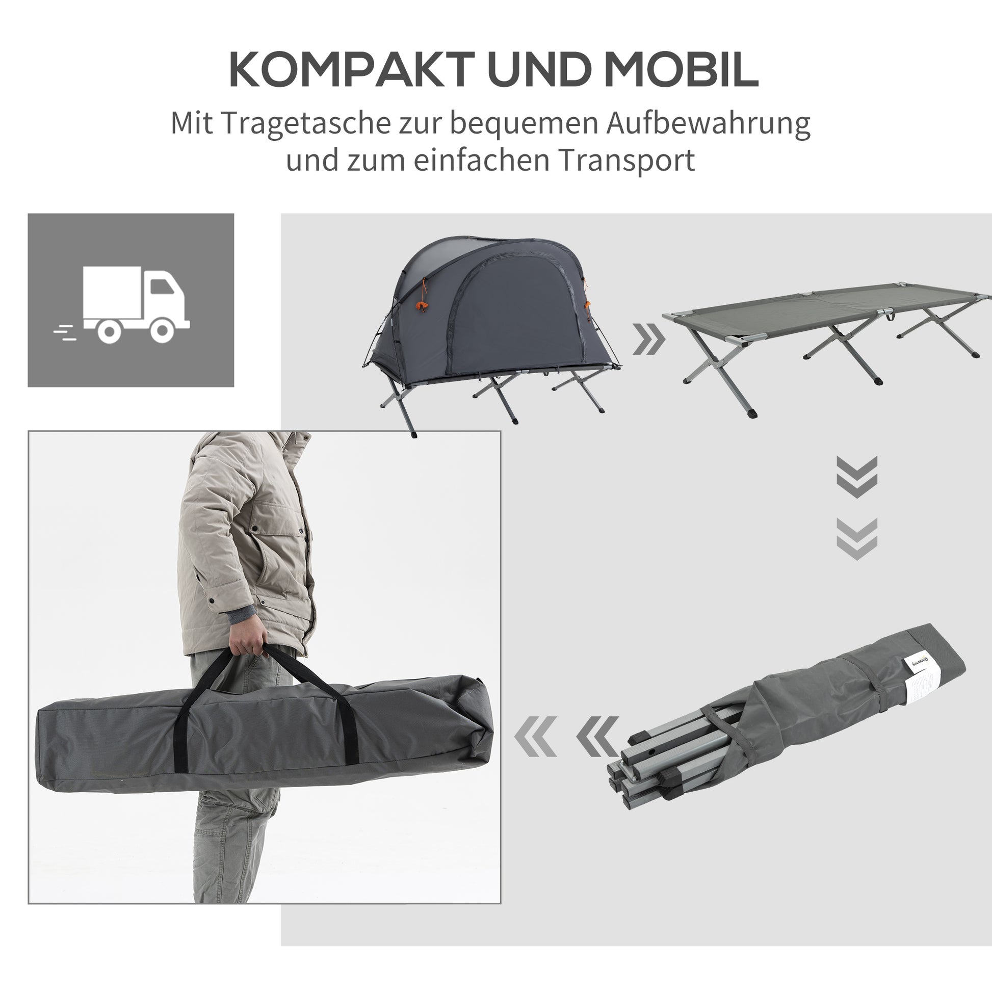 Camping Bed with Tent Elevated Camp Bed for 1 Person Dome Tent with Air Mattress incl. Carrying Bag Gray 200 x 86 x 147 cm