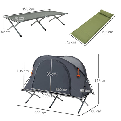 Camping Bed with Tent Elevated Camp Bed for 1 Person Dome Tent with Air Mattress incl. Carrying Bag Gray 200 x 86 x 147 cm