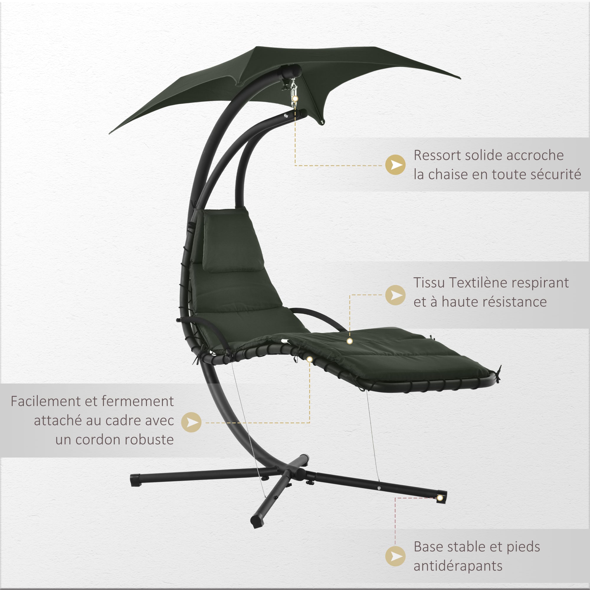 Hanging Sun Lounger Hanging Chair Outdoor with Sunshade and Mattress Contemporary Design 190L x 110W x 190H cm Steel Polyester Dark Gray Black