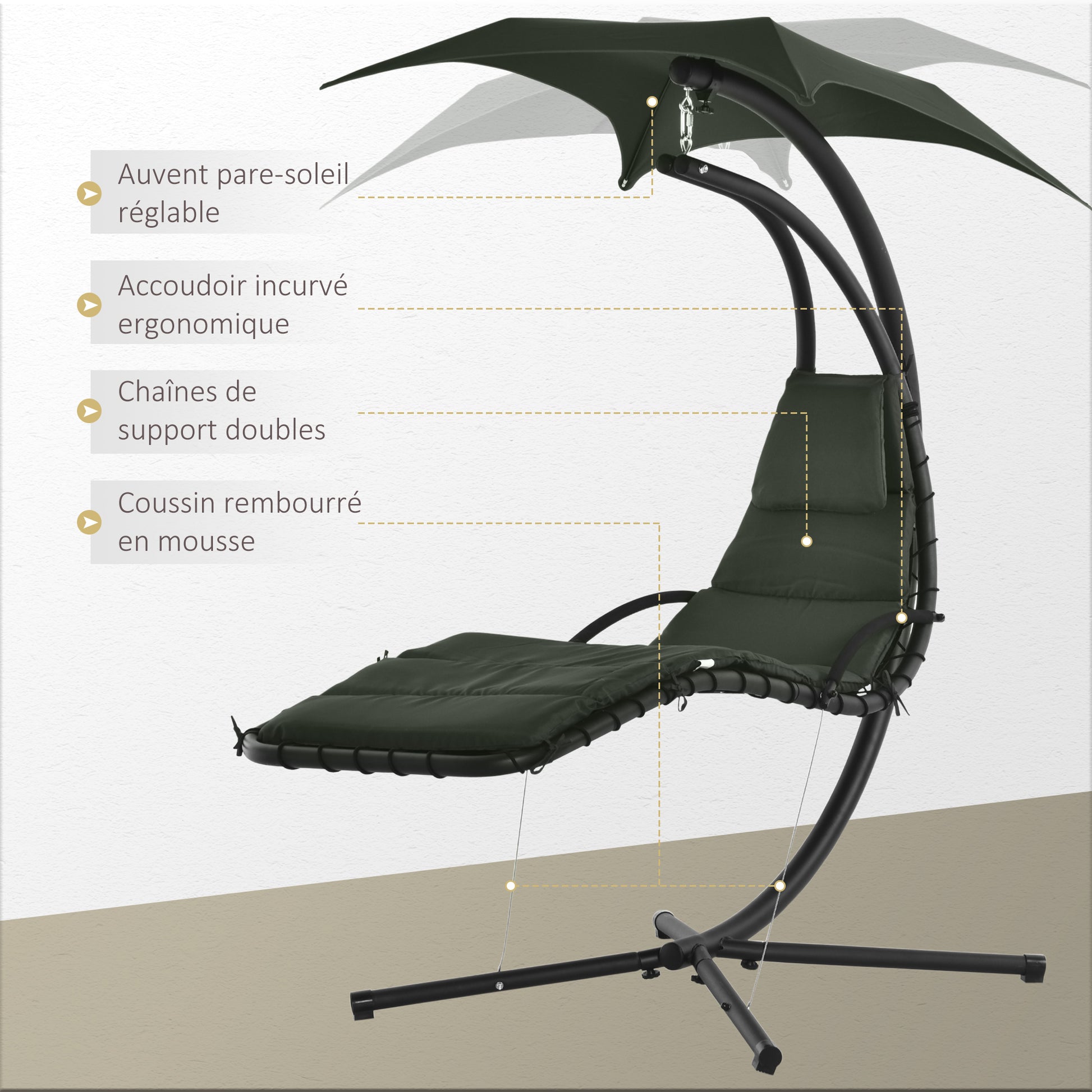 Hanging Sun Lounger Hanging Chair Outdoor with Sunshade and Mattress Contemporary Design 190L x 110W x 190H cm Steel Polyester Dark Gray Black