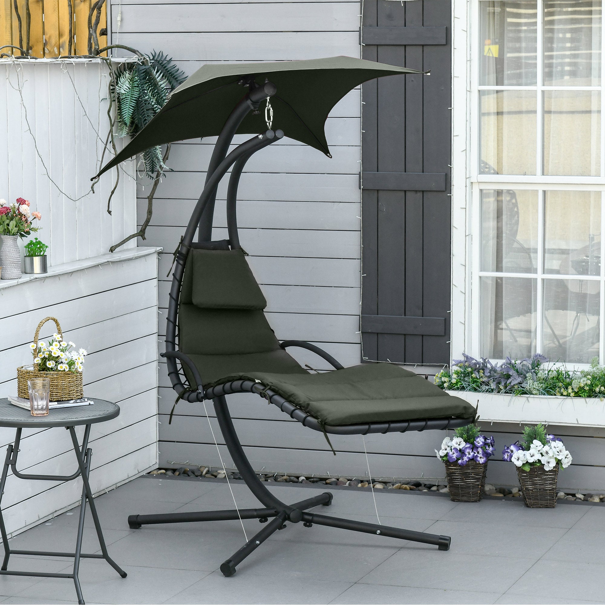 Hanging Sun Lounger Hanging Chair Outdoor with Sunshade and Mattress Contemporary Design 190L x 110W x 190H cm Steel Polyester Dark Gray Black