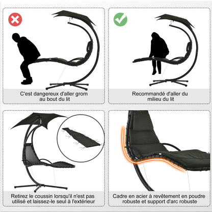 Hanging Sun Lounger Hanging Chair Outdoor with Sunshade and Mattress Contemporary Design 190L x 110W x 190H cm Steel Polyester Dark Gray Black