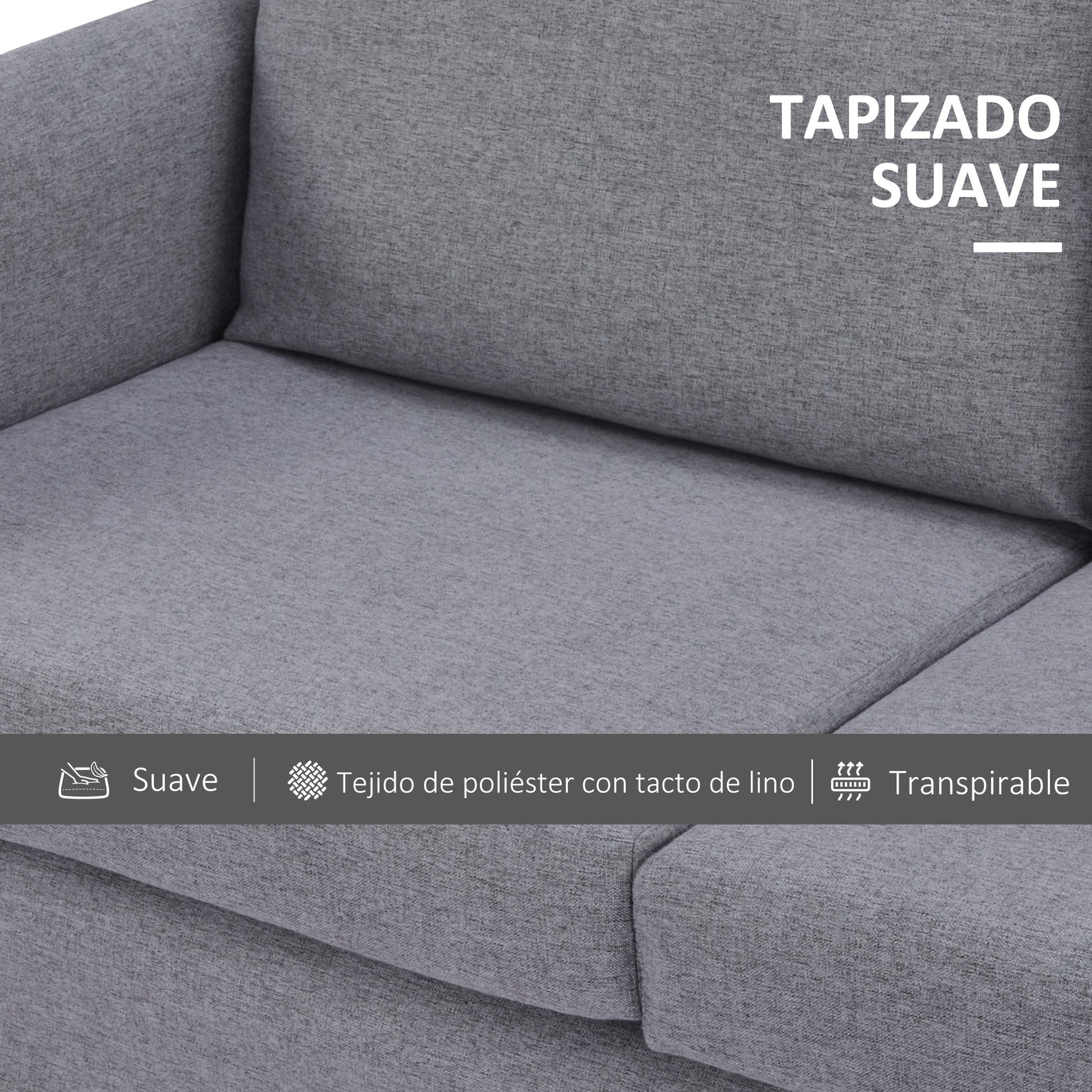 2-Seater Sofa Upholstered in Synthetic Linen Double Seater Sofa with Removable Padded Cushions, Armrests, and Steel Legs 130x67x76.5 cm Gray