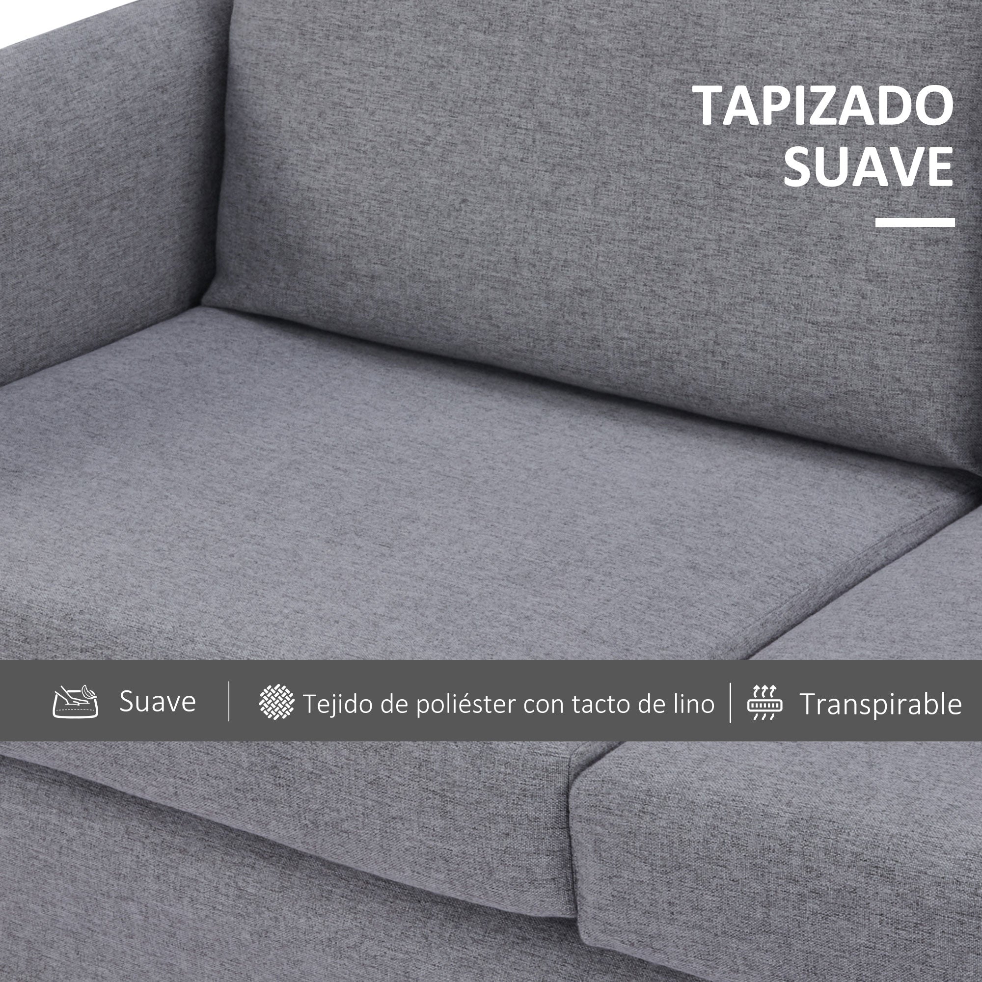 2-Seater Sofa Upholstered in Synthetic Linen Double Seater Sofa with Removable Padded Cushions, Armrests, and Steel Legs 130x67x76.5 cm Gray