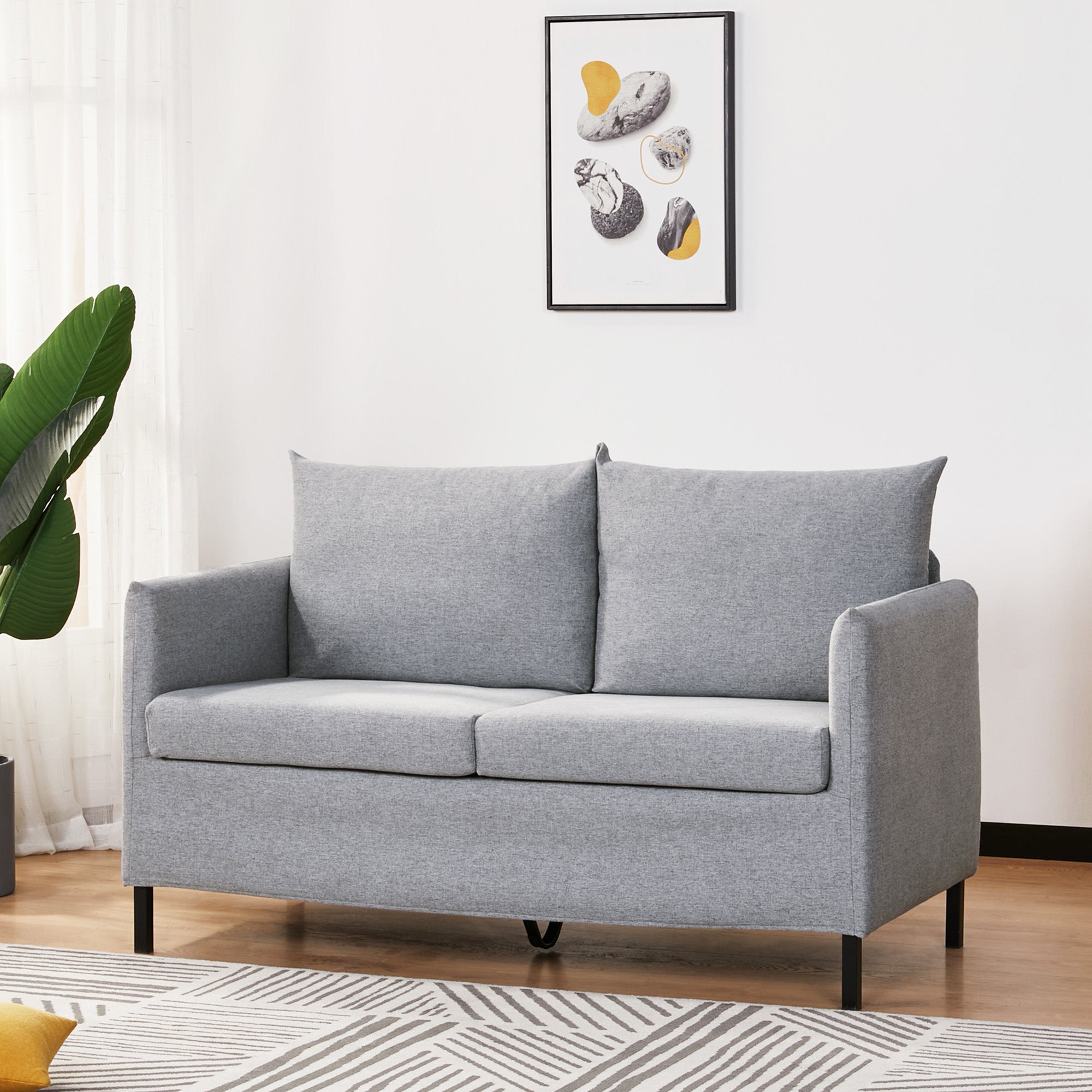 2-Seater Sofa Upholstered in Synthetic Linen Double Seater Sofa with Removable Padded Cushions, Armrests, and Steel Legs 130x67x76.5 cm Gray