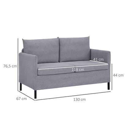 2-Seater Sofa Upholstered in Synthetic Linen Double Seater Sofa with Removable Padded Cushions, Armrests, and Steel Legs 130x67x76.5 cm Gray