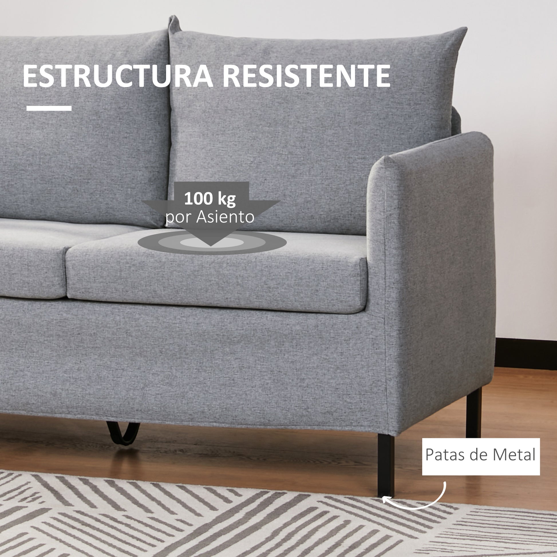 2-Seater Sofa Upholstered in Synthetic Linen Double Seater Sofa with Removable Padded Cushions, Armrests, and Steel Legs 130x67x76.5 cm Gray