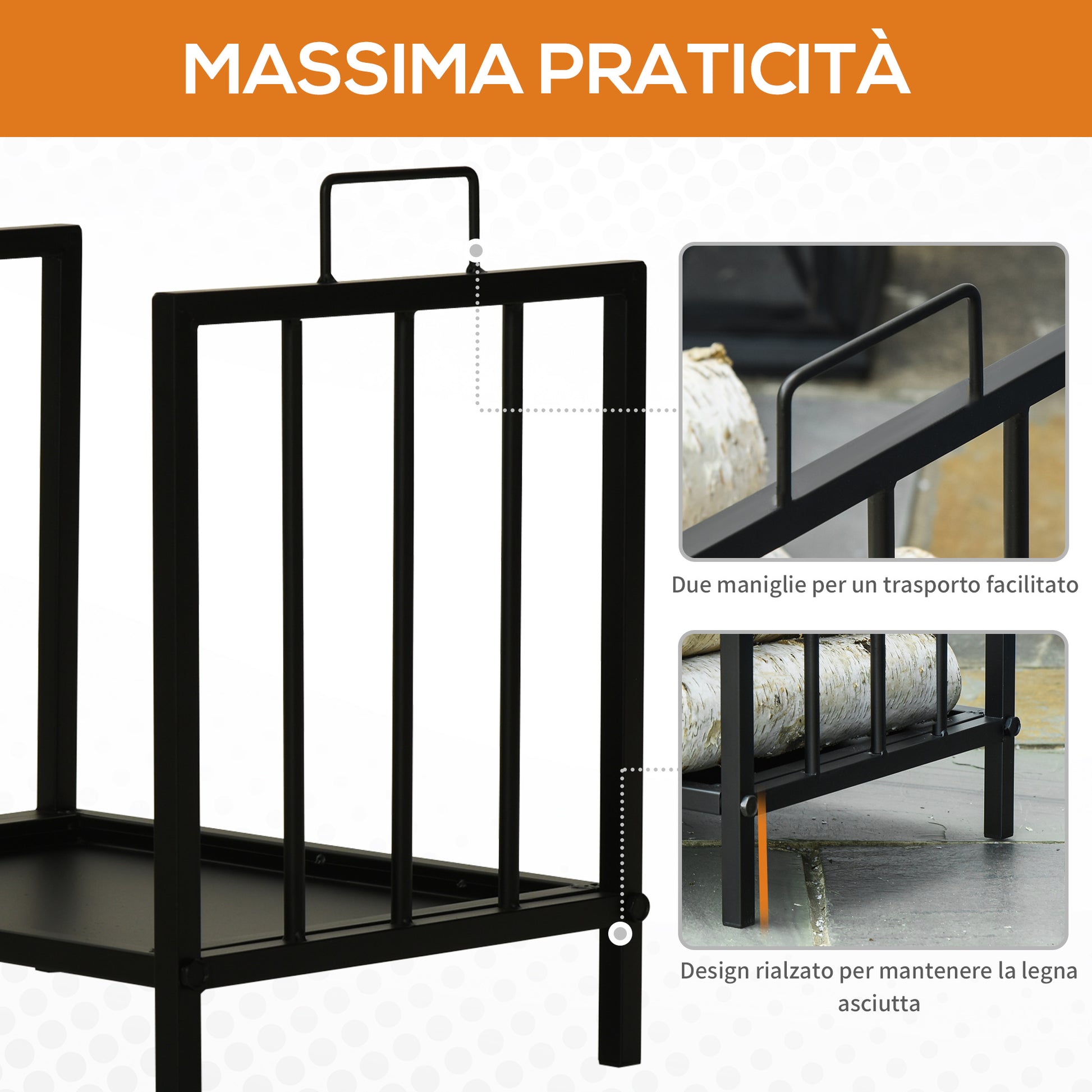Indoor and Outdoor Metal Log Holder with 2 Handles and Raised Base for 50kg of Wood, 39x32.5x46cm, Black