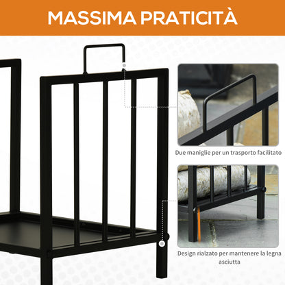 Indoor and Outdoor Metal Log Holder with 2 Handles and Raised Base for 50kg of Wood, 39x32.5x46cm, Black