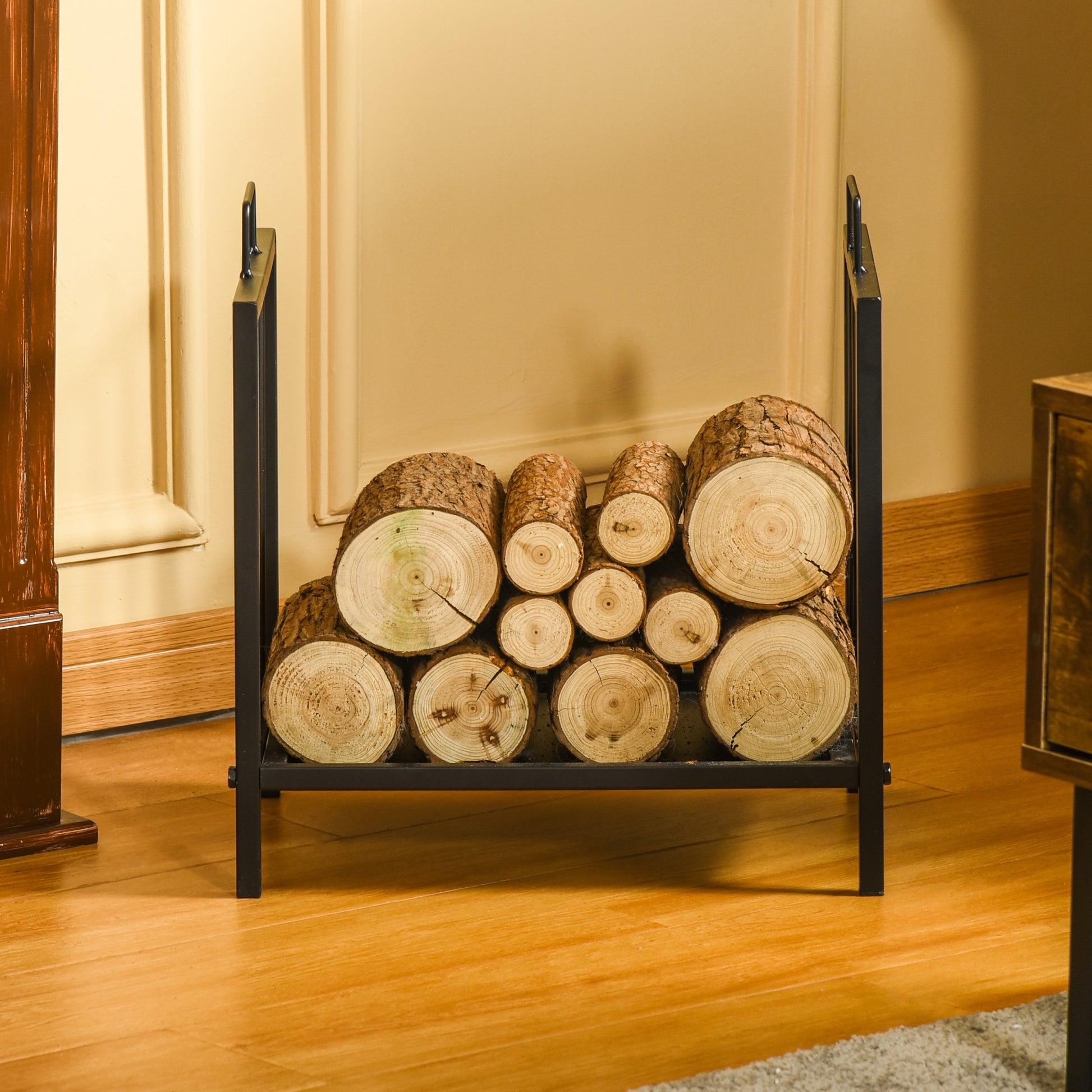 Indoor and Outdoor Metal Log Holder with 2 Handles and Raised Base for 50kg of Wood, 39x32.5x46cm, Black