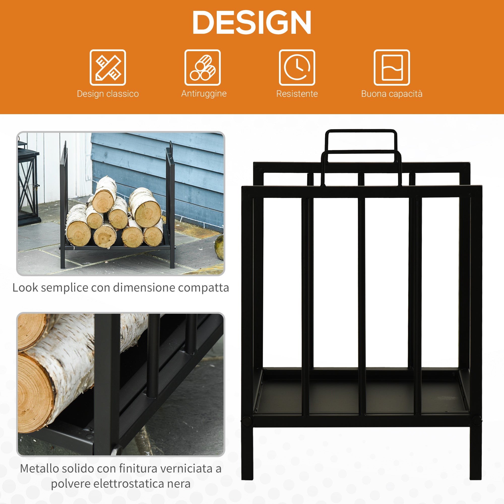 Indoor and Outdoor Metal Log Holder with 2 Handles and Raised Base for 50kg of Wood, 39x32.5x46cm, Black