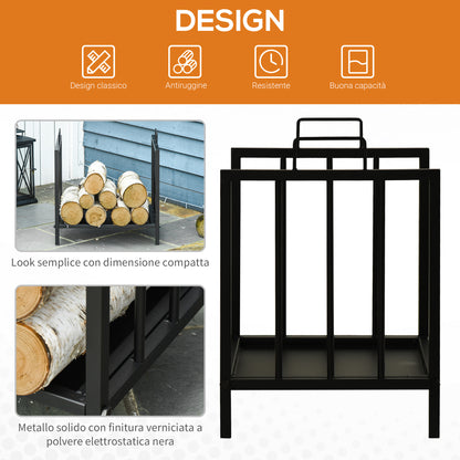 Indoor and Outdoor Metal Log Holder with 2 Handles and Raised Base for 50kg of Wood, 39x32.5x46cm, Black