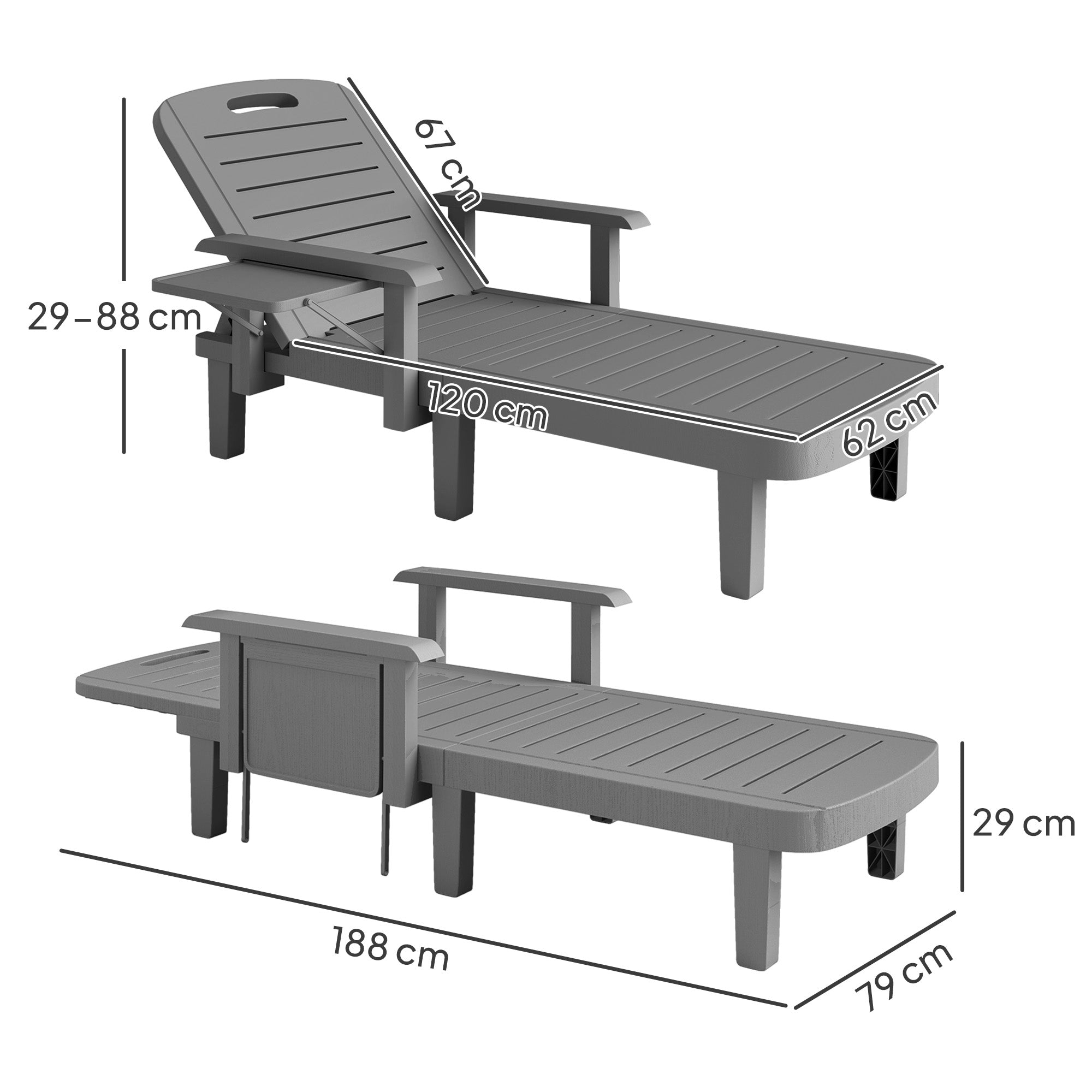 2-Piece Sun Lounger Set with Side Table, Wood-Effect Outdoor Recliners, 5-Position Adjustable Backrest, Weatherproof, Up to 265 lb Capacity, Dark Gray