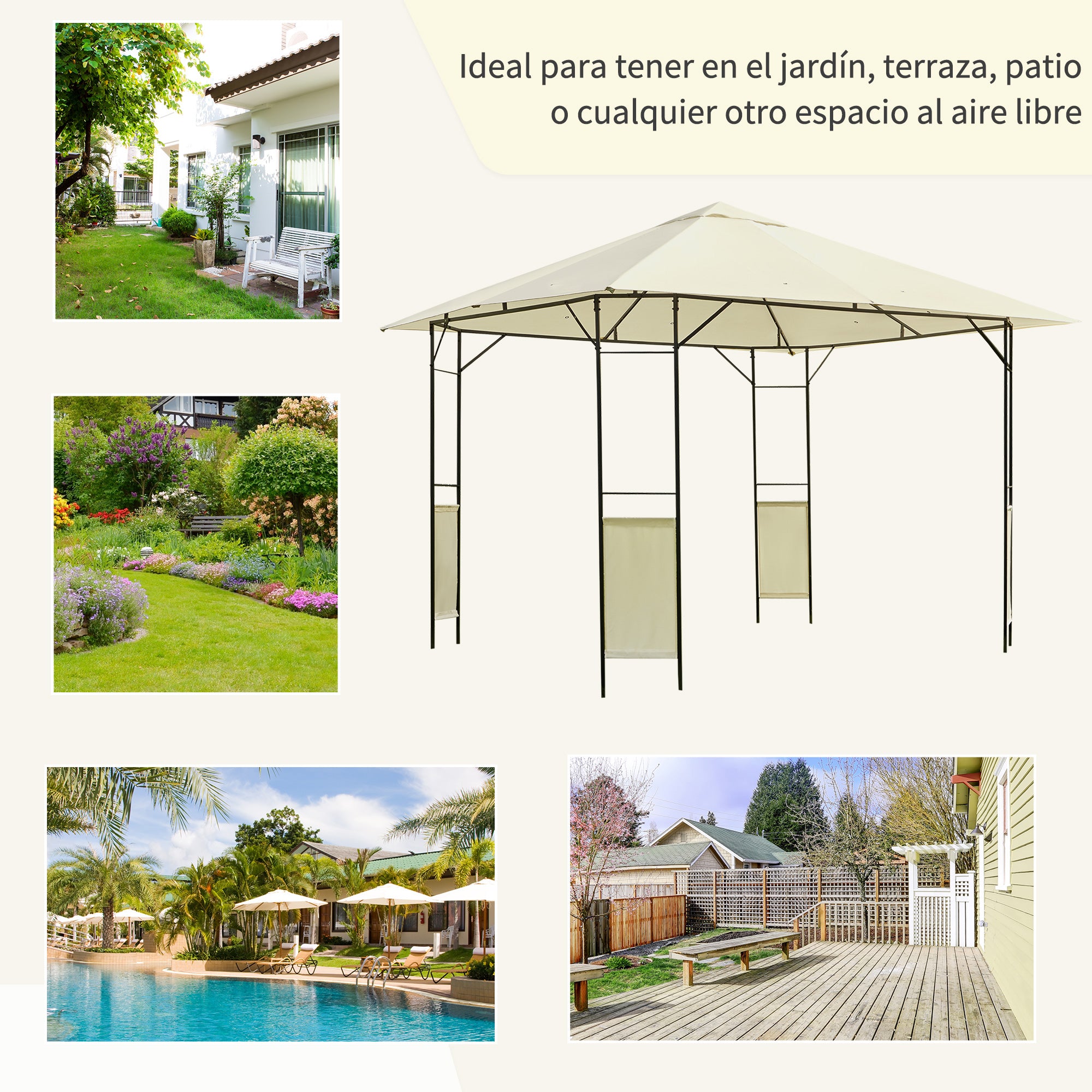 Garden Gazebo 3x3x2.6 m Outdoor Pavilion with Steel Frame and 8 Waterproof Drainage Holes Cream