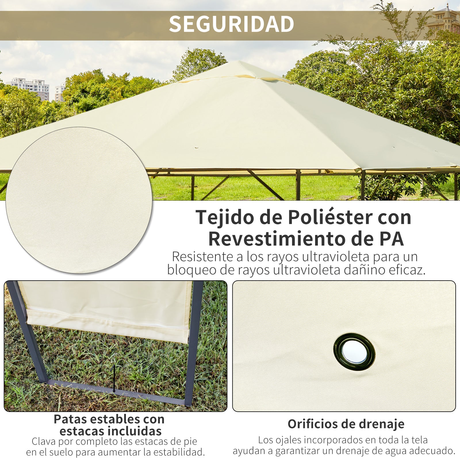 Garden Gazebo 3x3x2.6 m Outdoor Pavilion with Steel Frame and 8 Waterproof Drainage Holes Cream