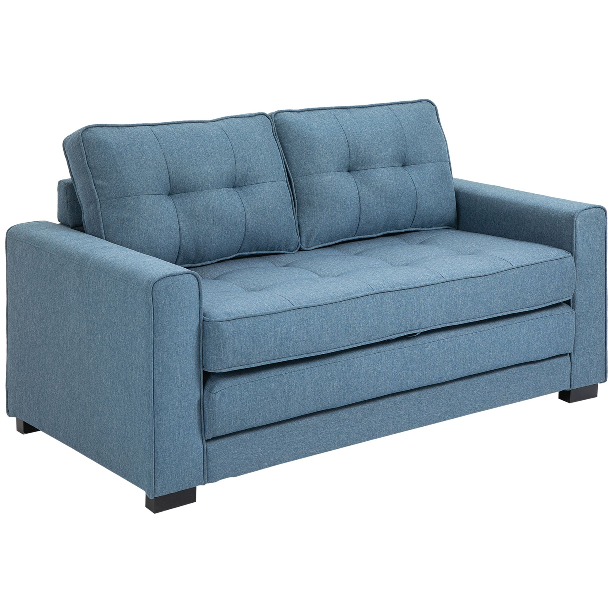2-Seater Convertible Sofa Bed with Tufted Backrest, Cushions, and Foldable Floor Mattress, Linen-Like Fabric Sofa for Living Room, Guest Room, 147.5 x 75 x 85 cm, Blue
