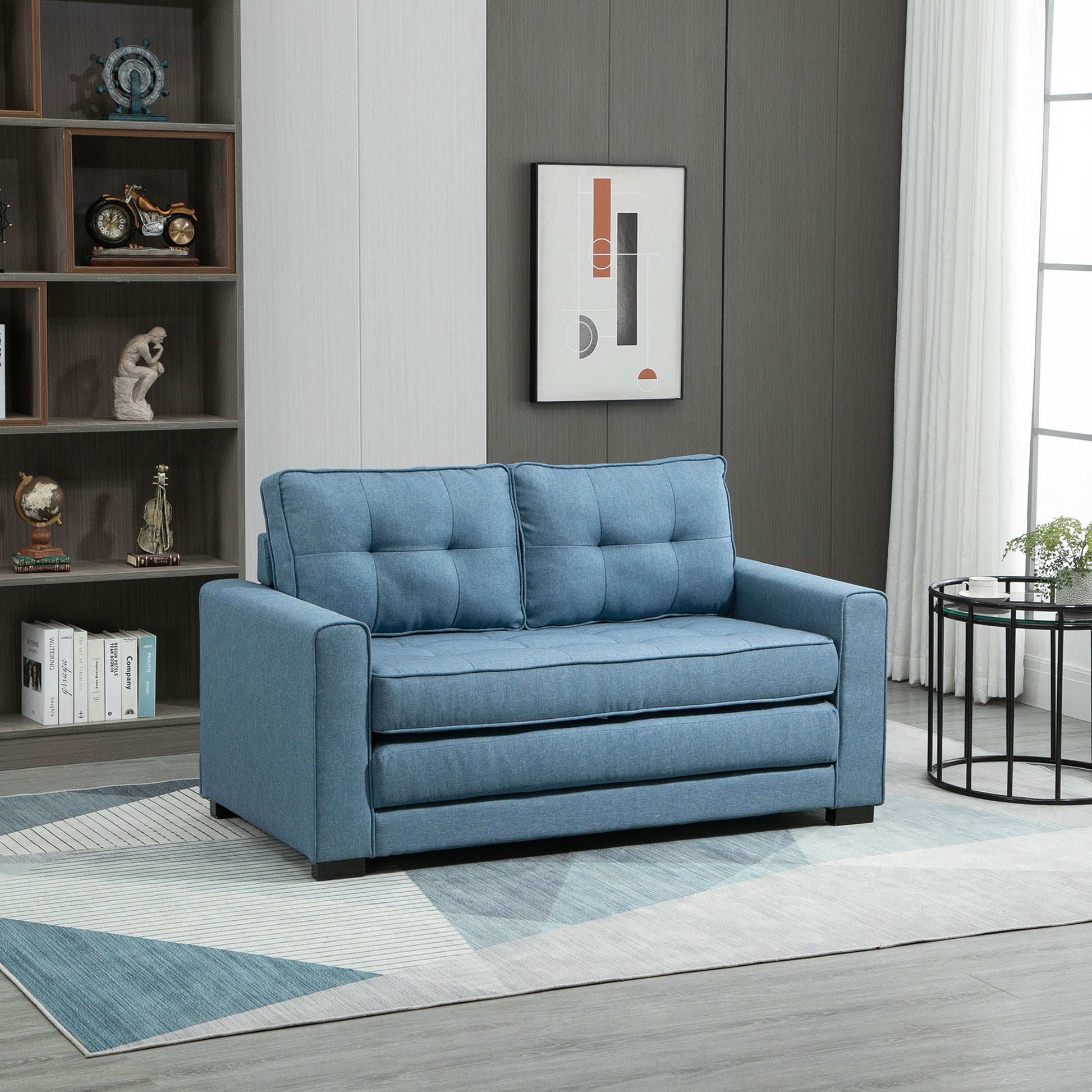 2-Seater Convertible Sofa Bed with Tufted Backrest, Cushions, and Foldable Floor Mattress, Linen-Like Fabric Sofa for Living Room, Guest Room, 147.5 x 75 x 85 cm, Blue