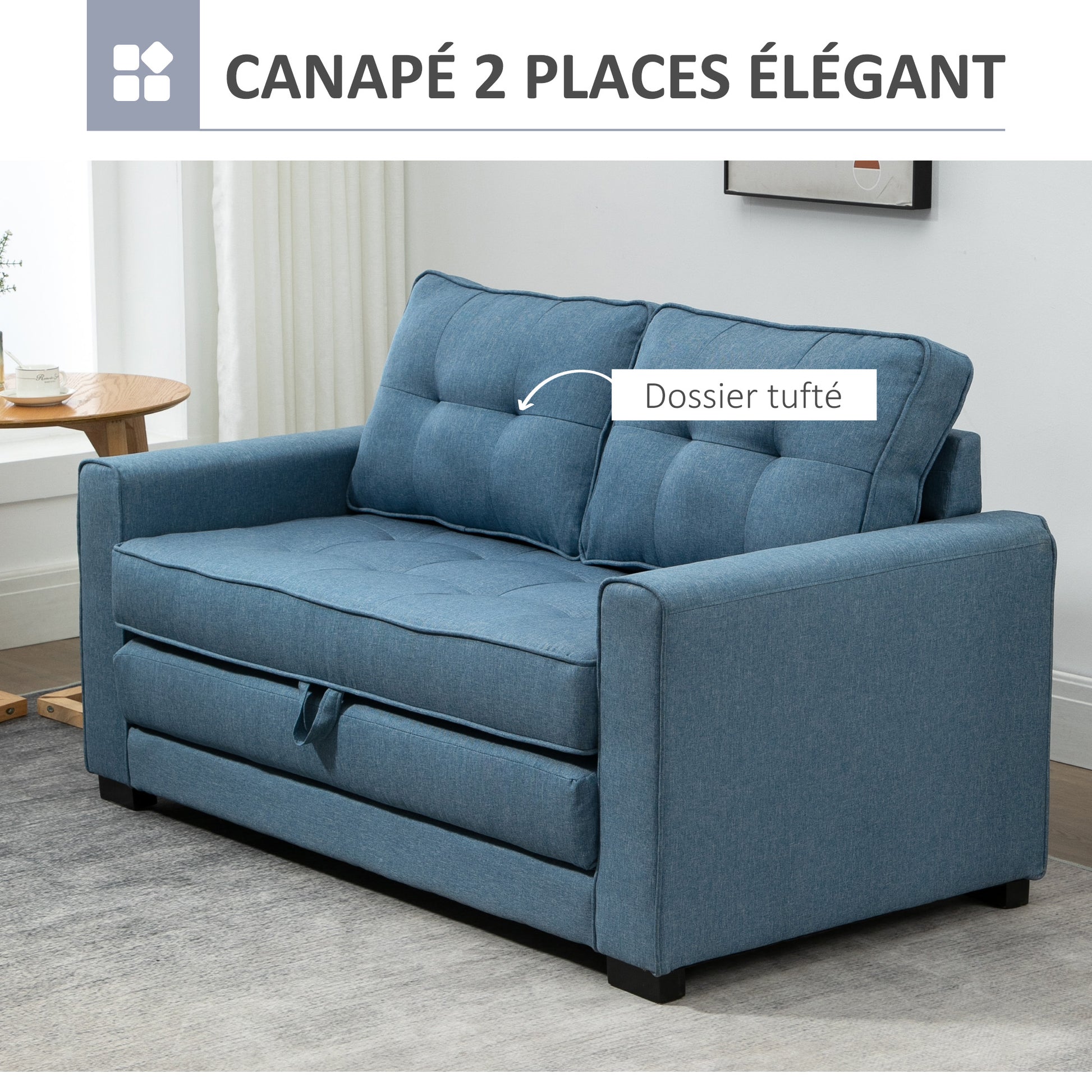 2-Seater Convertible Sofa Bed with Tufted Backrest, Cushions, and Foldable Floor Mattress, Linen-Like Fabric Sofa for Living Room, Guest Room, 147.5 x 75 x 85 cm, Blue