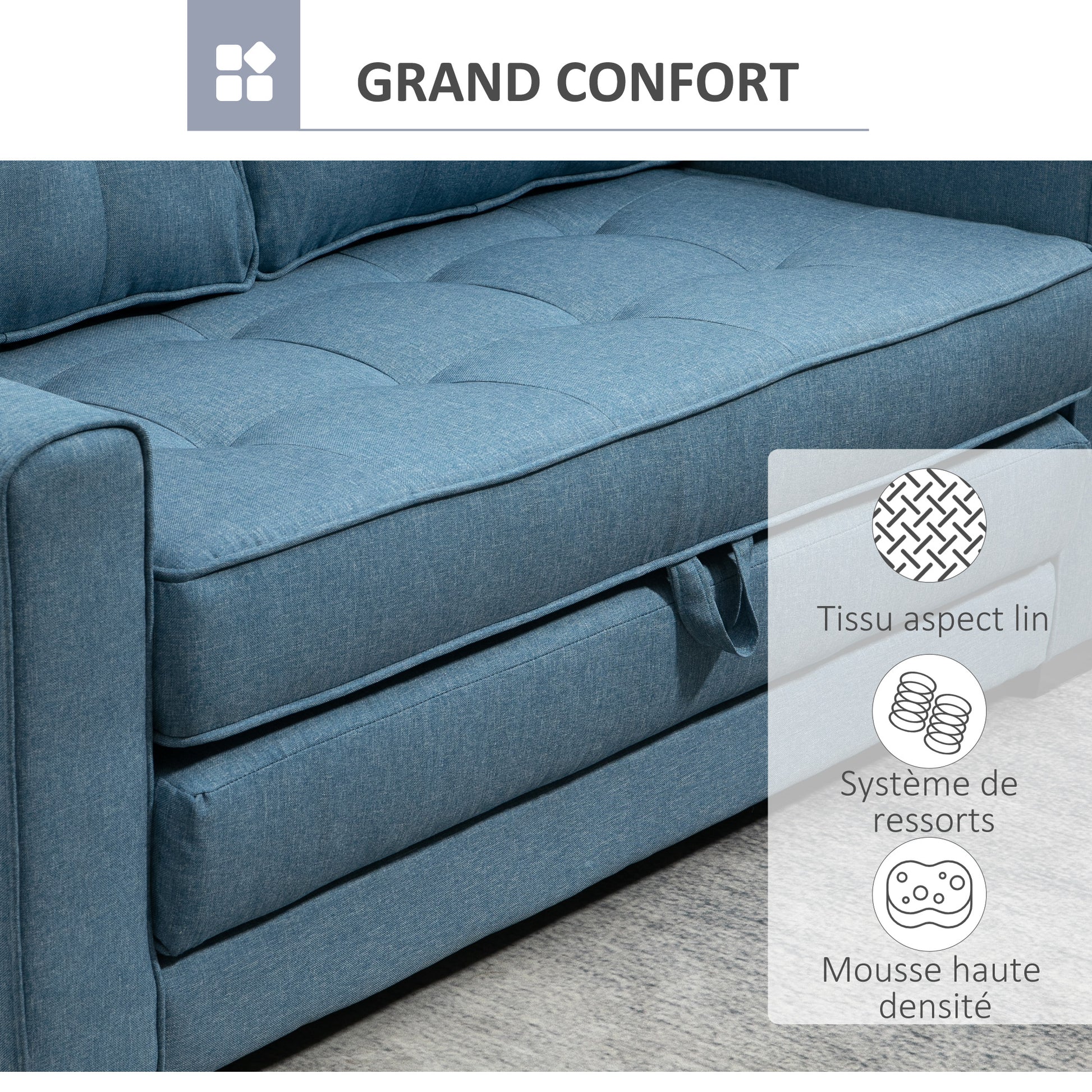 2-Seater Convertible Sofa Bed with Tufted Backrest, Cushions, and Foldable Floor Mattress, Linen-Like Fabric Sofa for Living Room, Guest Room, 147.5 x 75 x 85 cm, Blue