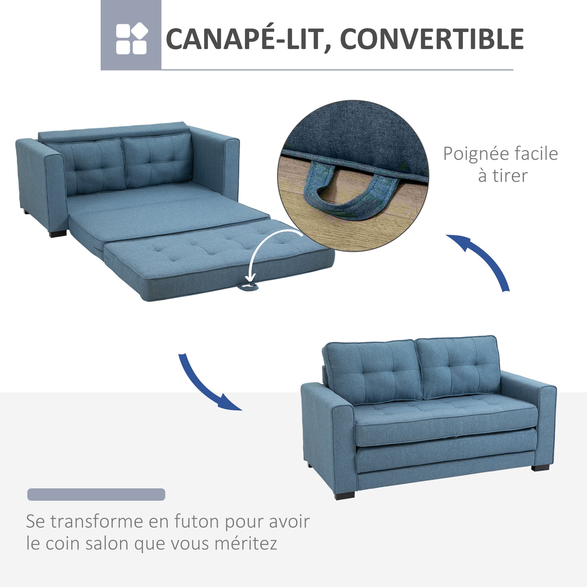 2-Seater Convertible Sofa Bed with Tufted Backrest, Cushions, and Foldable Floor Mattress, Linen-Like Fabric Sofa for Living Room, Guest Room, 147.5 x 75 x 85 cm, Blue