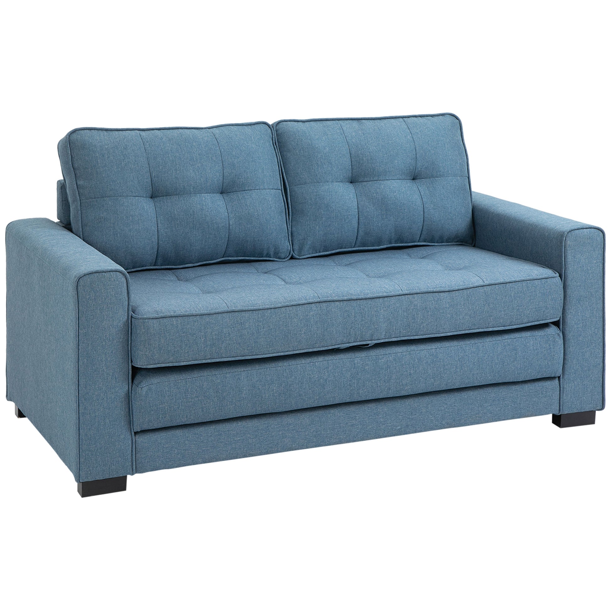 2-Seater Convertible Sofa Bed with Tufted Backrest, Cushions, and Foldable Floor Mattress, Linen-Like Fabric Sofa for Living Room, Guest Room, 147.5 x 75 x 85 cm, Blue