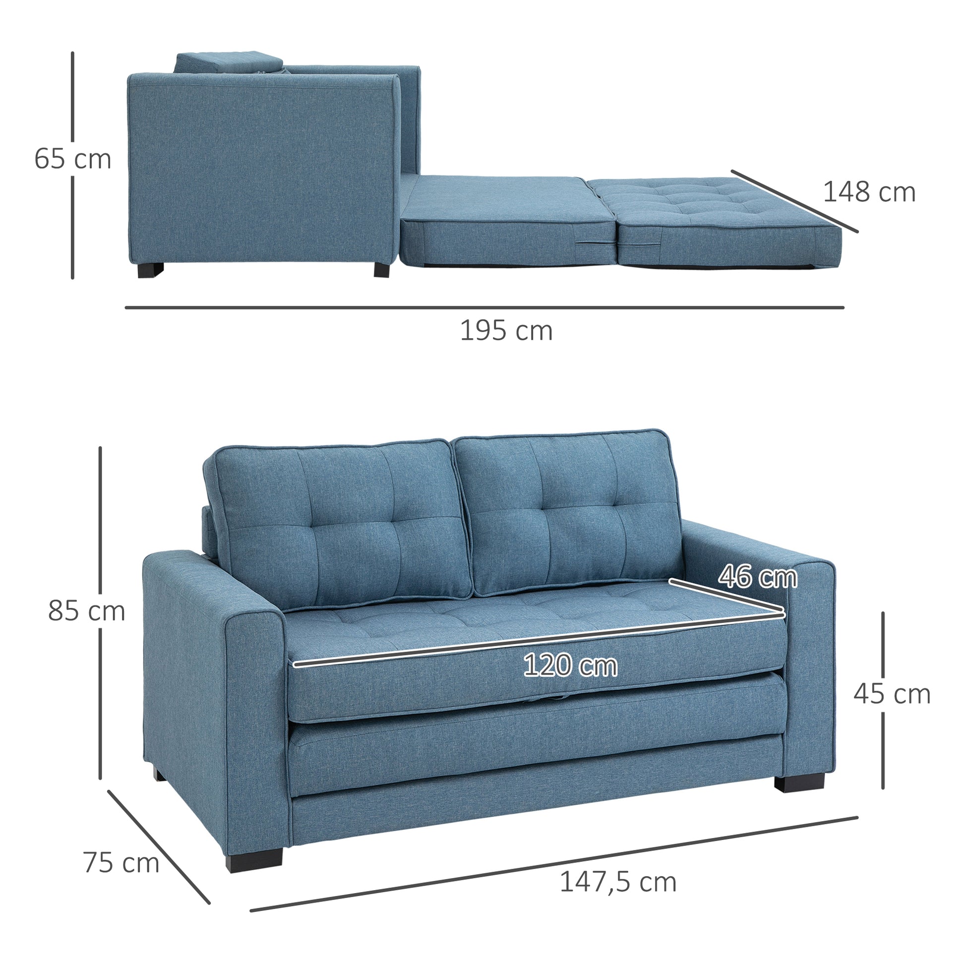 2-Seater Convertible Sofa Bed with Tufted Backrest, Cushions, and Foldable Floor Mattress, Linen-Like Fabric Sofa for Living Room, Guest Room, 147.5 x 75 x 85 cm, Blue