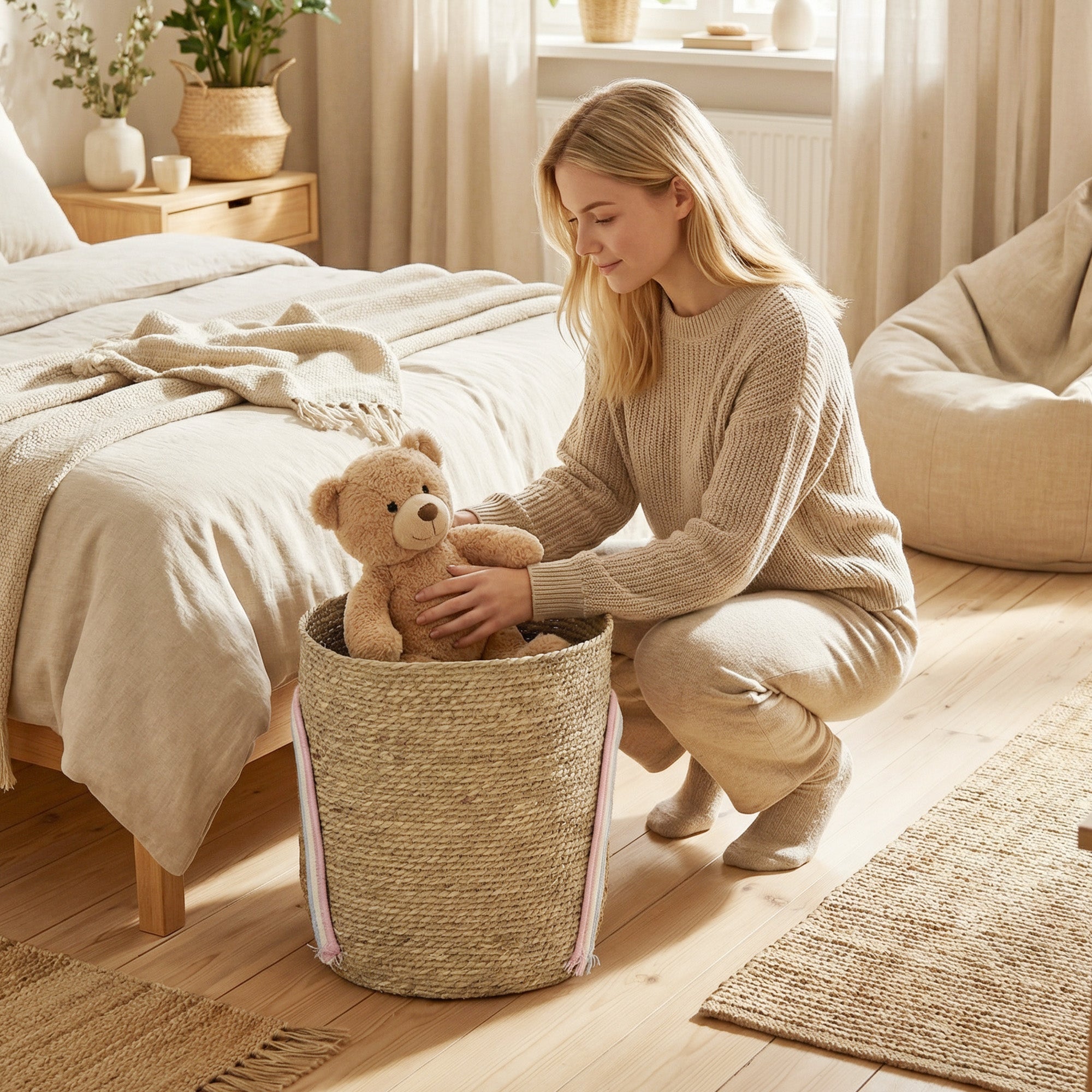 Woven Seagrass Storage Basket with Rainbow Accent — Natural, 12 x 12 x 14 in