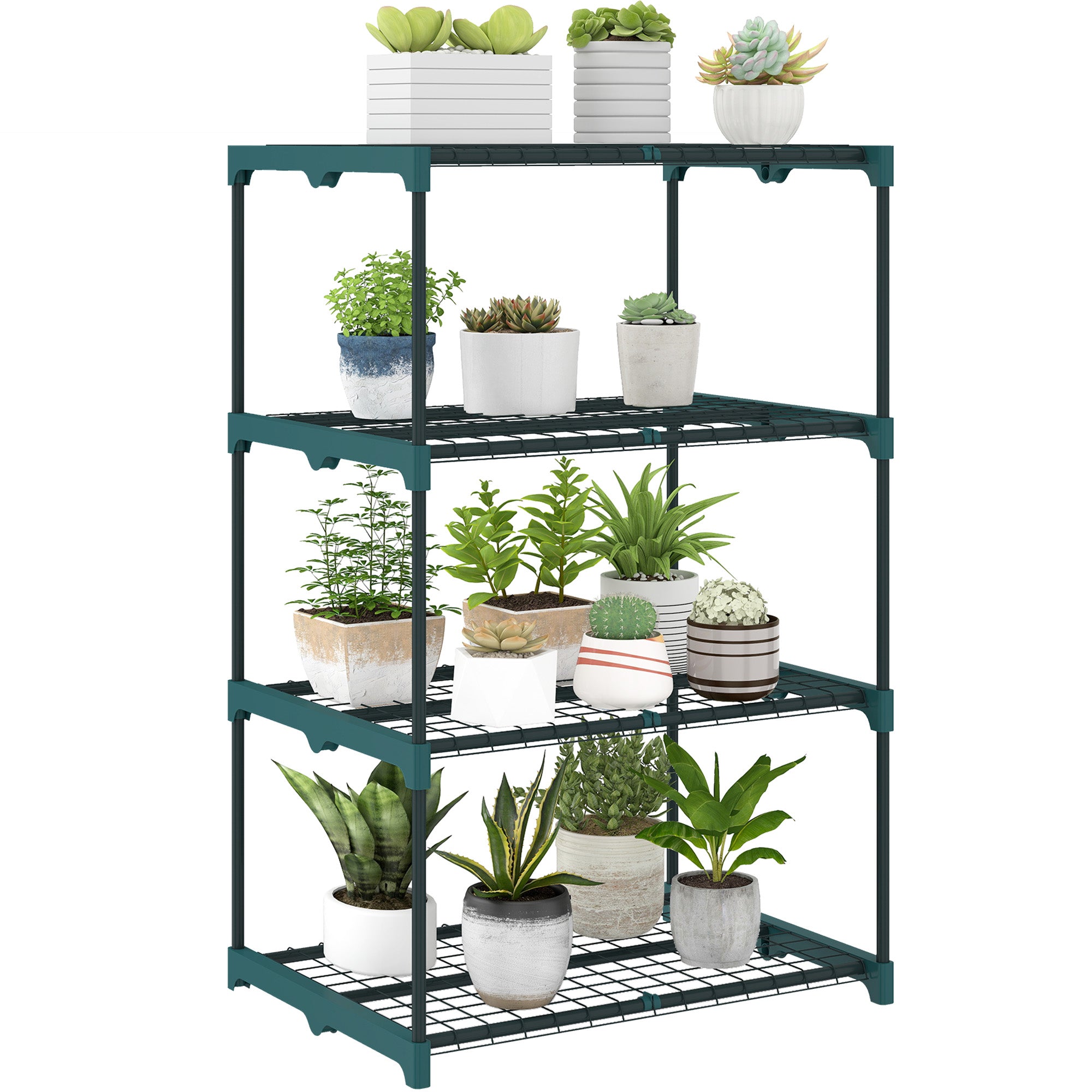4-Tier Steel Plant Stand — Indoor/Outdoor Flower Shelf for Garden, Balcony & Living Room, 26.4 x 19.3 x 41.3 in (67 x 49 x 105 cm), Green