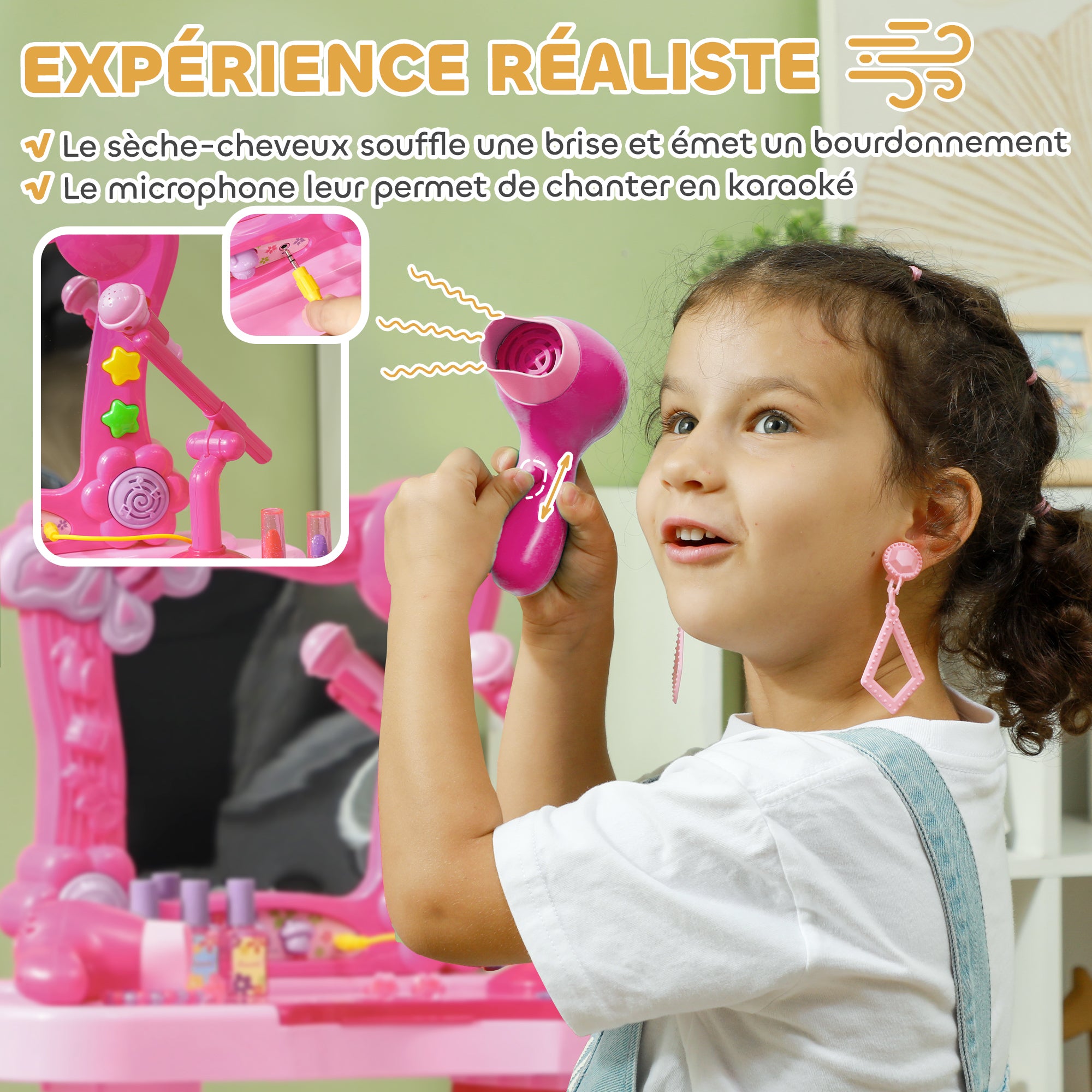 Children's Vanity Set 15 PCS, Makeup Table with Stool and Mirror, Light, Music, Microphone, Hair Dryer, Storage Space, for Girls 3 to 6 Years Old, Pink