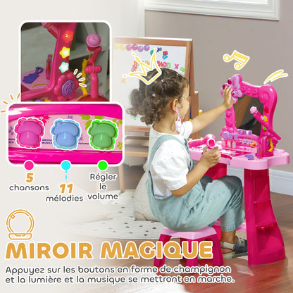 Children's Vanity Set 15 PCS, Makeup Table with Stool and Mirror, Light, Music, Microphone, Hair Dryer, Storage Space, for Girls 3 to 6 Years Old, Pink