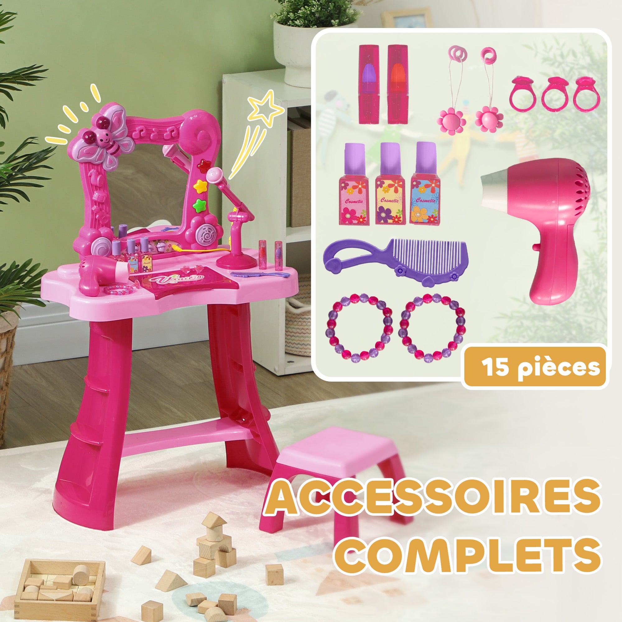 Children's Vanity Set 15 PCS, Makeup Table with Stool and Mirror, Light, Music, Microphone, Hair Dryer, Storage Space, for Girls 3 to 6 Years Old, Pink