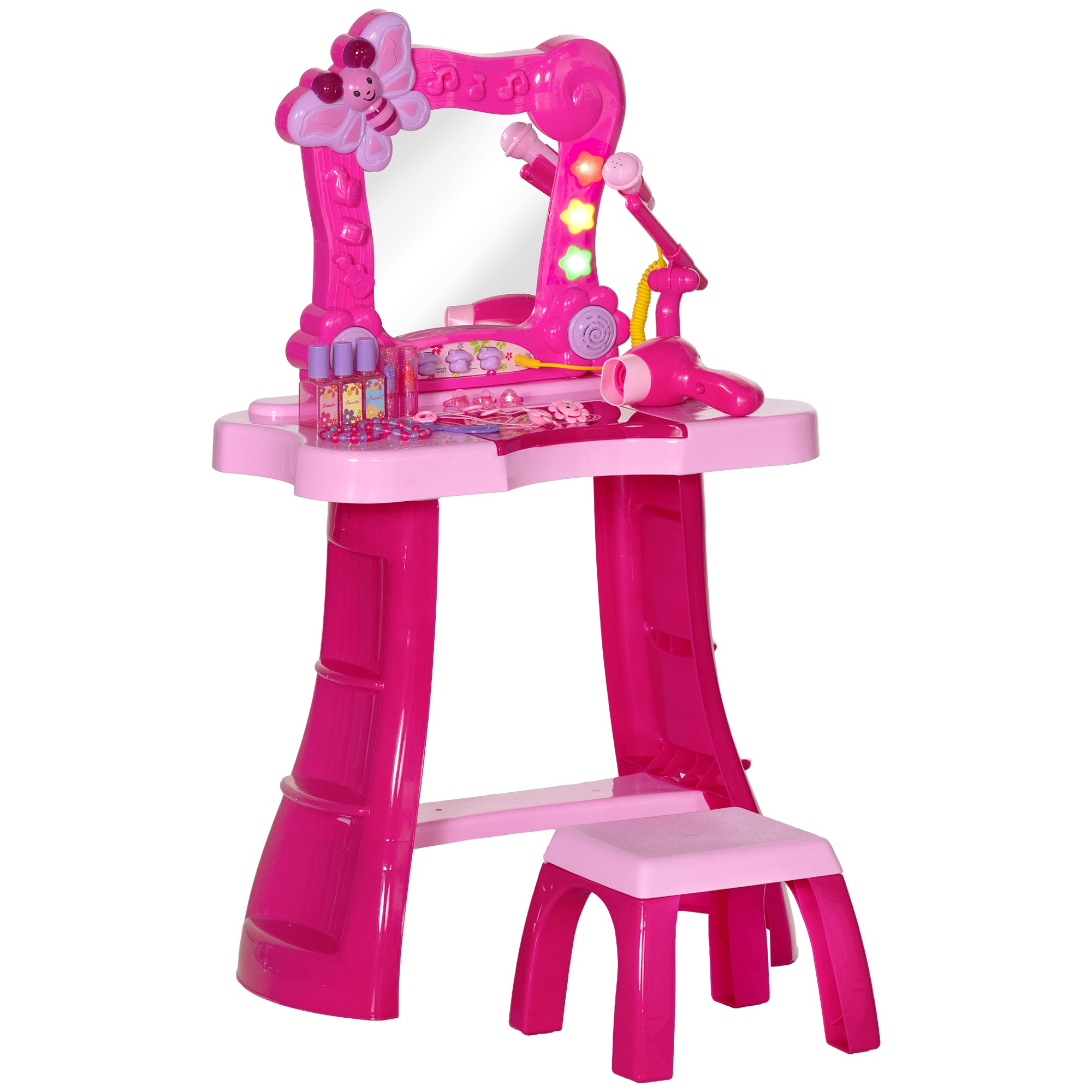 Children's Vanity Set 15 PCS, Makeup Table with Stool and Mirror, Light, Music, Microphone, Hair Dryer, Storage Space, for Girls 3 to 6 Years Old, Pink