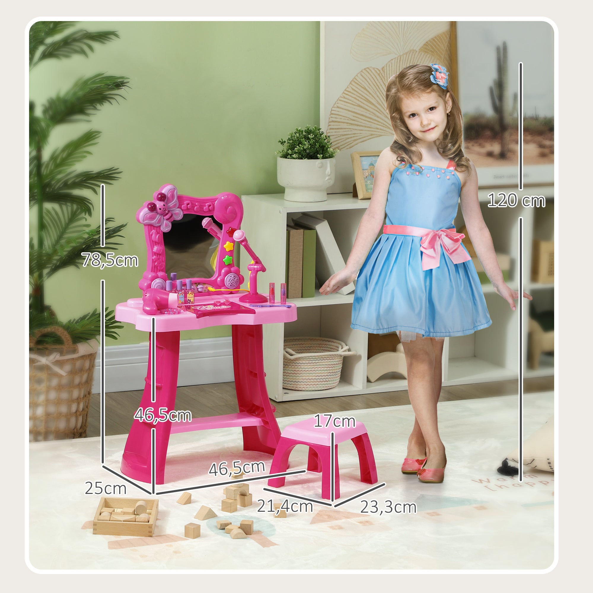 Children's Vanity Set 15 PCS, Makeup Table with Stool and Mirror, Light, Music, Microphone, Hair Dryer, Storage Space, for Girls 3 to 6 Years Old, Pink