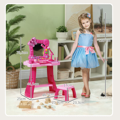 Children's Vanity Set 15 PCS, Makeup Table with Stool and Mirror, Light, Music, Microphone, Hair Dryer, Storage Space, for Girls 3 to 6 Years Old, Pink