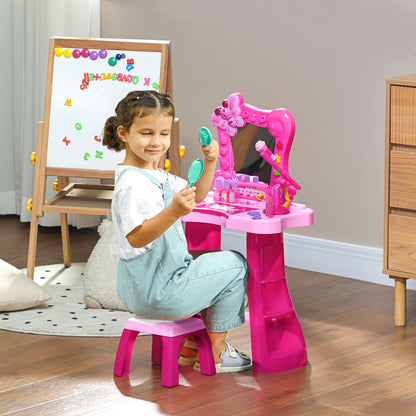 Children's Vanity Set 15 PCS, Makeup Table with Stool and Mirror, Light, Music, Microphone, Hair Dryer, Storage Space, for Girls 3 to 6 Years Old, Pink