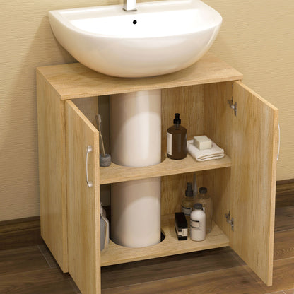 Modern Under-Sink Bathroom Vanity Unit, Wall-Mounted Cabinet with 2 Doors and 2 Shelves with U-Cutout in Wood, for Sinks with or without Pedestal, Natural Color