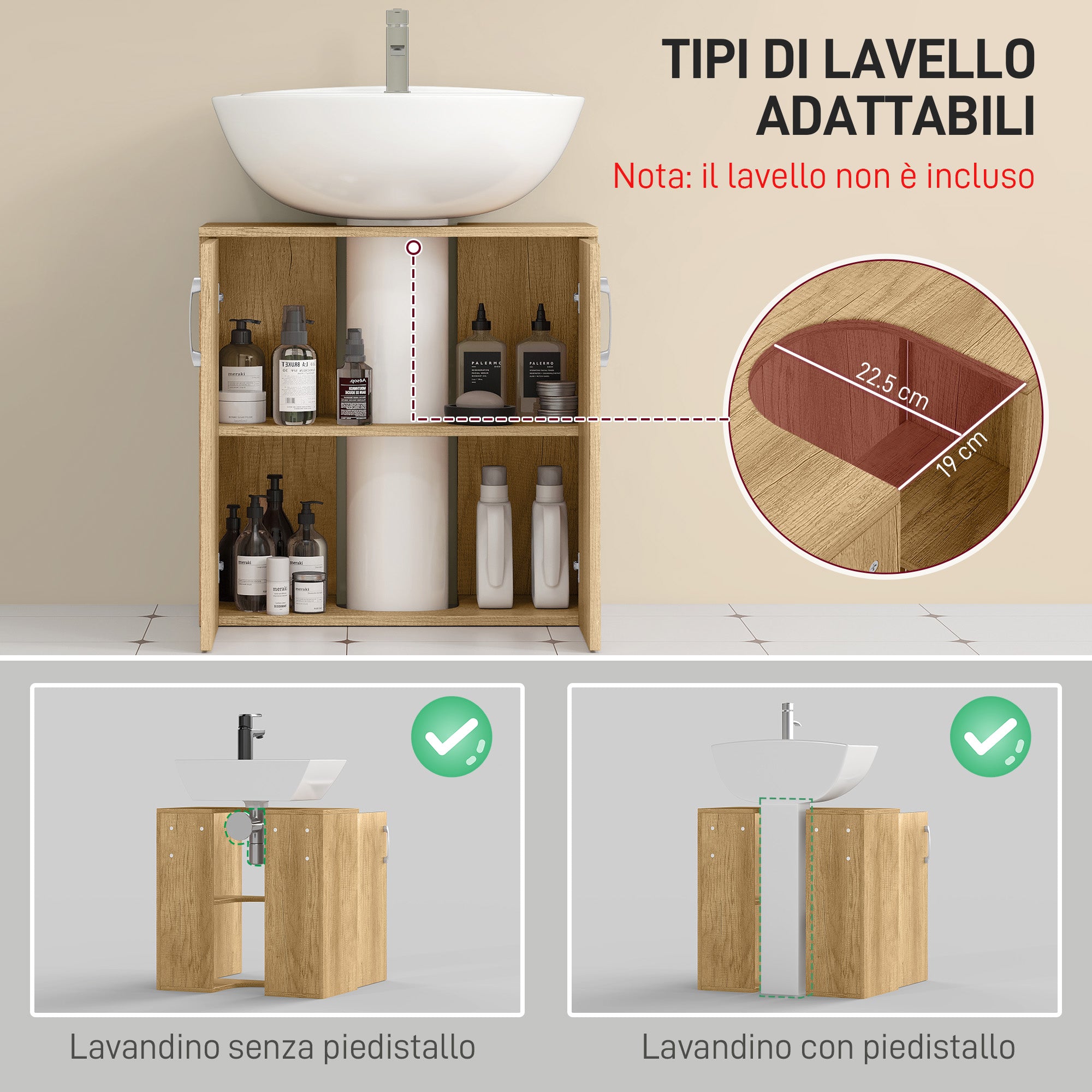 Modern Under-Sink Bathroom Vanity Unit, Wall-Mounted Cabinet with 2 Doors and 2 Shelves with U-Cutout in Wood, for Sinks with or without Pedestal, Natural Color