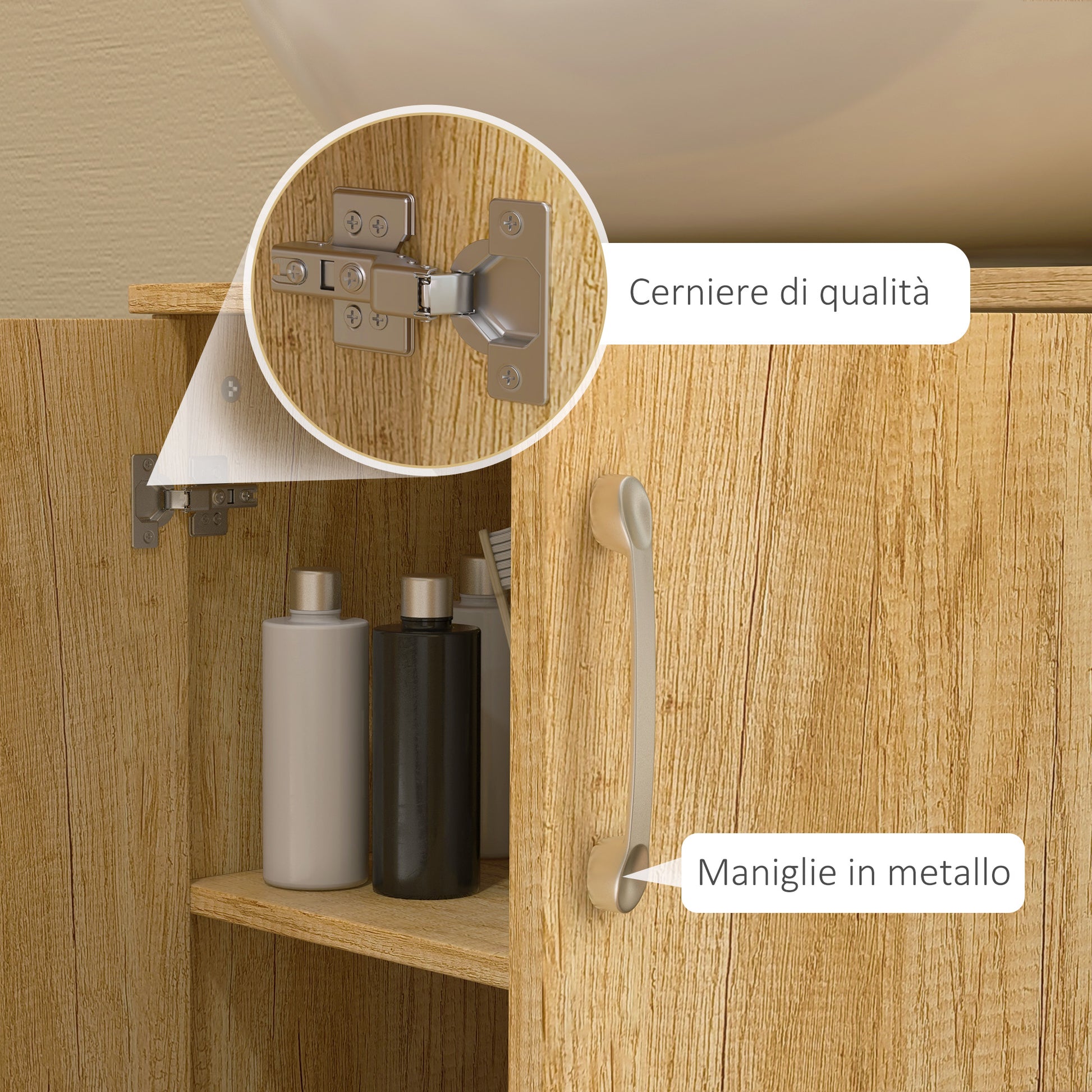 Modern Under-Sink Bathroom Vanity Unit, Wall-Mounted Cabinet with 2 Doors and 2 Shelves with U-Cutout in Wood, for Sinks with or without Pedestal, Natural Color