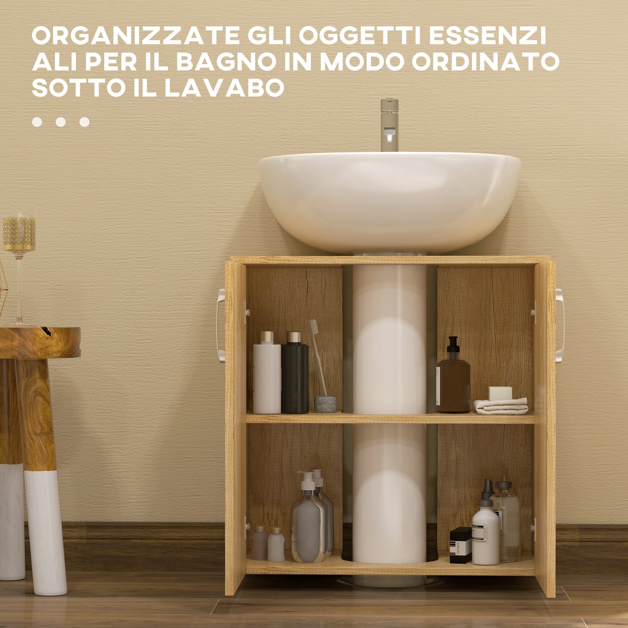 Modern Under-Sink Bathroom Vanity Unit, Wall-Mounted Cabinet with 2 Doors and 2 Shelves with U-Cutout in Wood, for Sinks with or without Pedestal, Natural Color