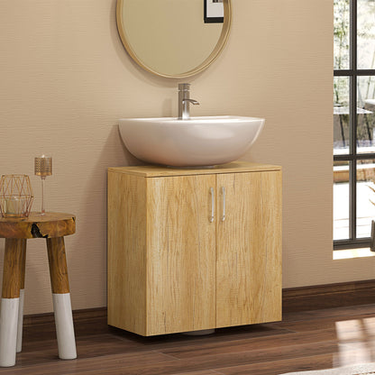 Modern Under-Sink Bathroom Vanity Unit, Wall-Mounted Cabinet with 2 Doors and 2 Shelves with U-Cutout in Wood, for Sinks with or without Pedestal, Natural Color