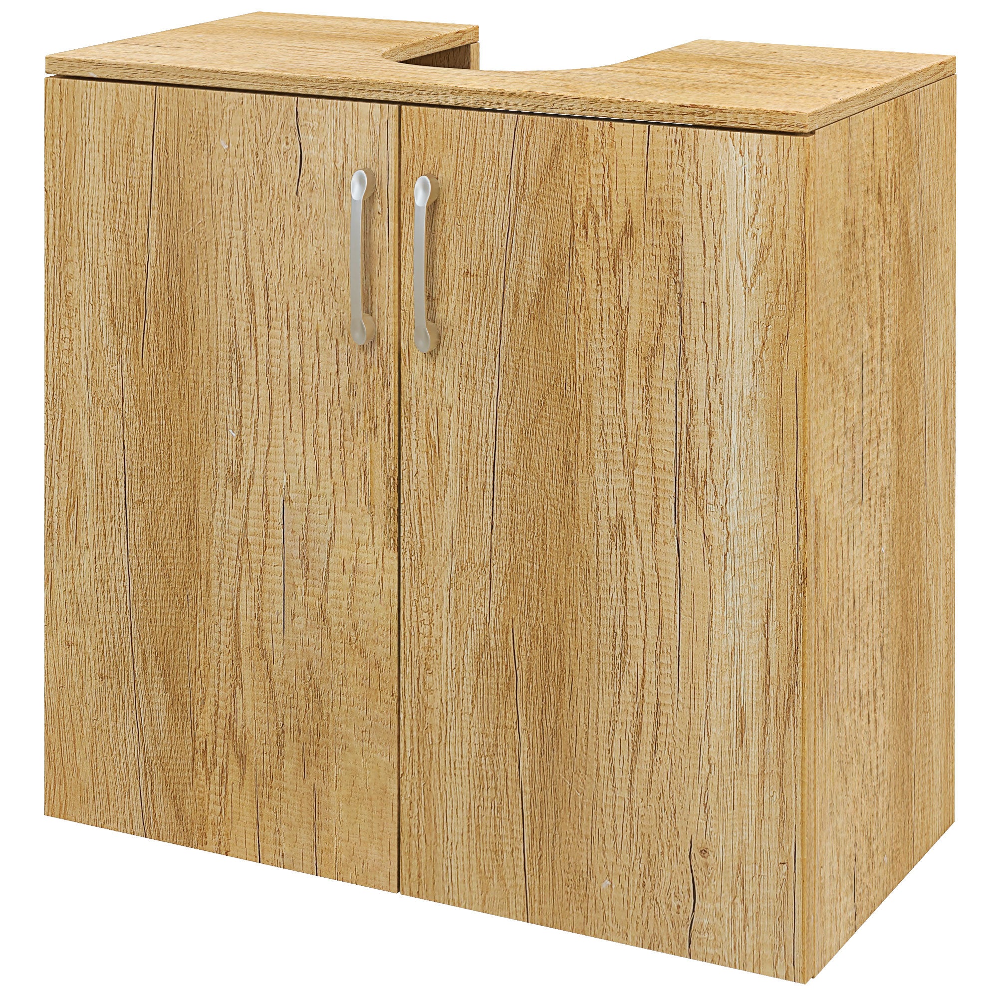 Modern Under-Sink Bathroom Vanity Unit, Wall-Mounted Cabinet with 2 Doors and 2 Shelves with U-Cutout in Wood, for Sinks with or without Pedestal, Natural Color