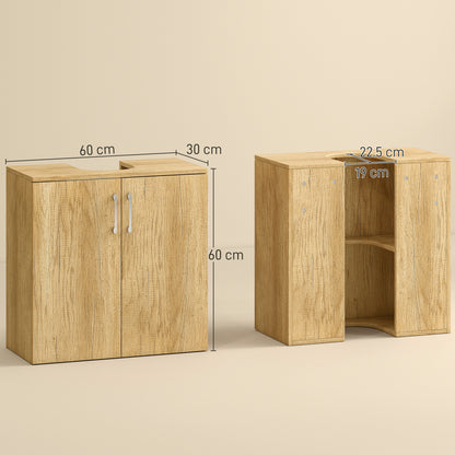 Modern Under-Sink Bathroom Vanity Unit, Wall-Mounted Cabinet with 2 Doors and 2 Shelves with U-Cutout in Wood, for Sinks with or without Pedestal, Natural Color