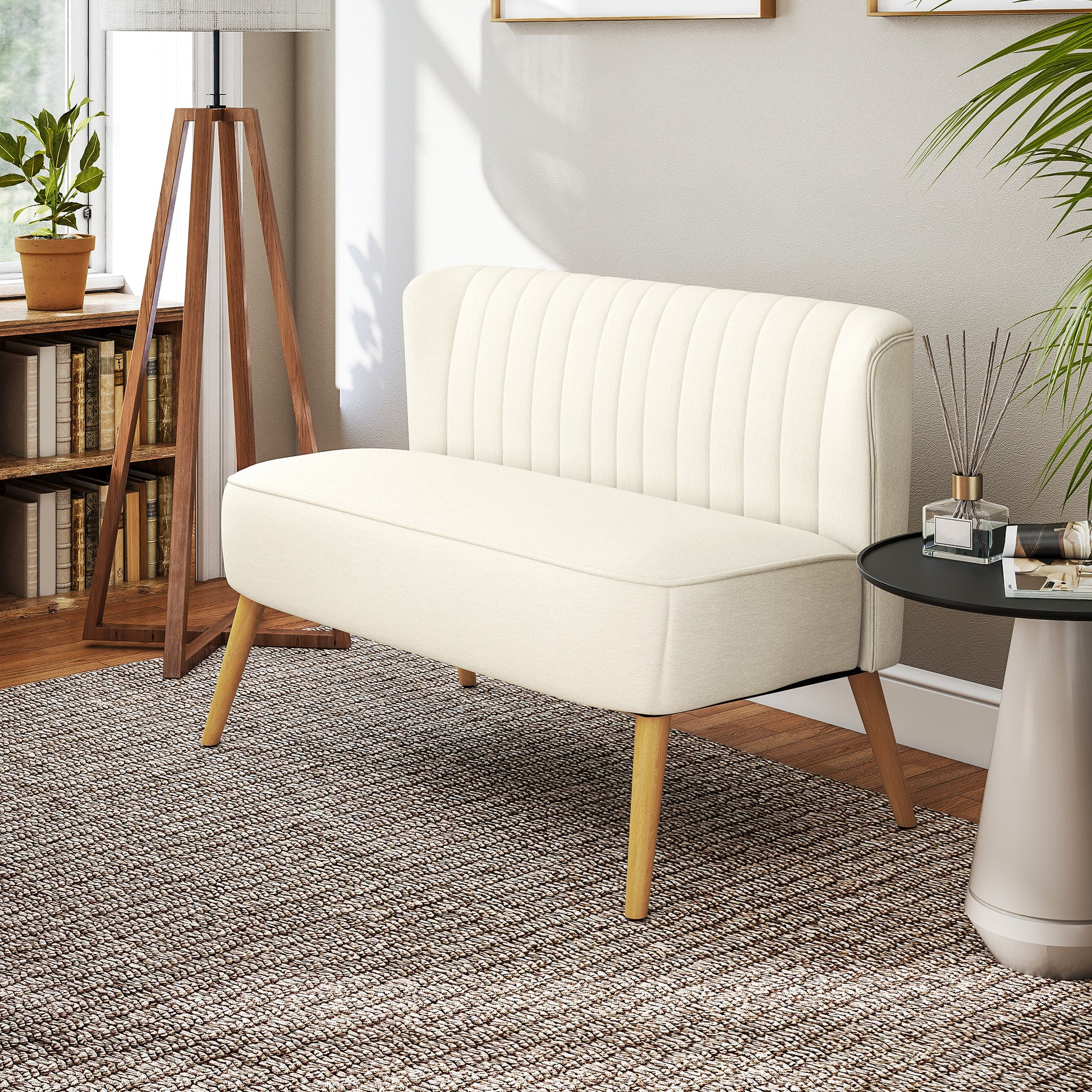 2-Seater Fabric Sofa Upholstered Double Sofa Retro Look Seating Furniture Lounge Sofa Wooden Frame Cream White 117 x 56.5 x 77 cm