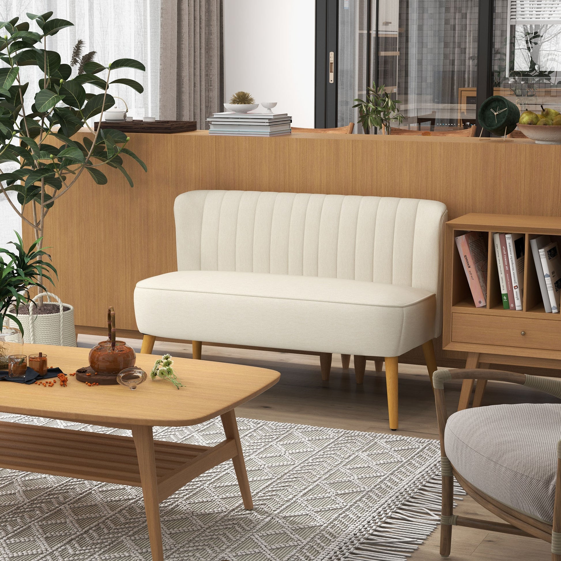 2-Seater Fabric Sofa Upholstered Double Sofa Retro Look Seating Furniture Lounge Sofa Wooden Frame Cream White 117 x 56.5 x 77 cm