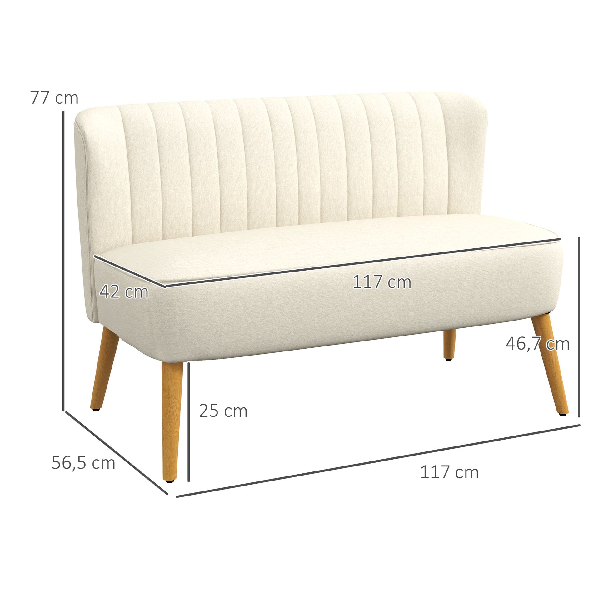 2-Seater Fabric Sofa Upholstered Double Sofa Retro Look Seating Furniture Lounge Sofa Wooden Frame Cream White 117 x 56.5 x 77 cm