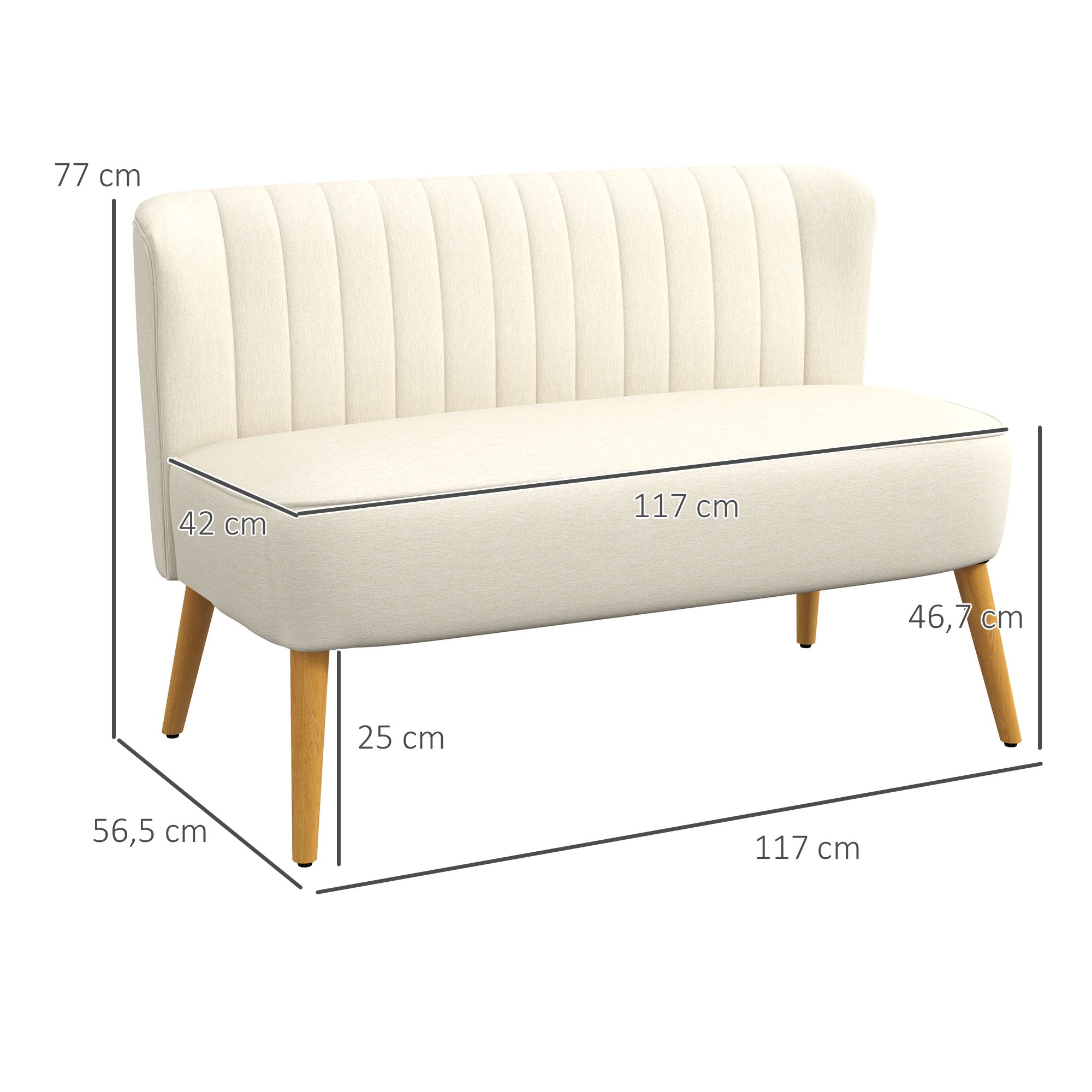 2-Seater Fabric Sofa Upholstered Double Sofa Retro Look Seating Furniture Lounge Sofa Wooden Frame Cream White 117 x 56.5 x 77 cm