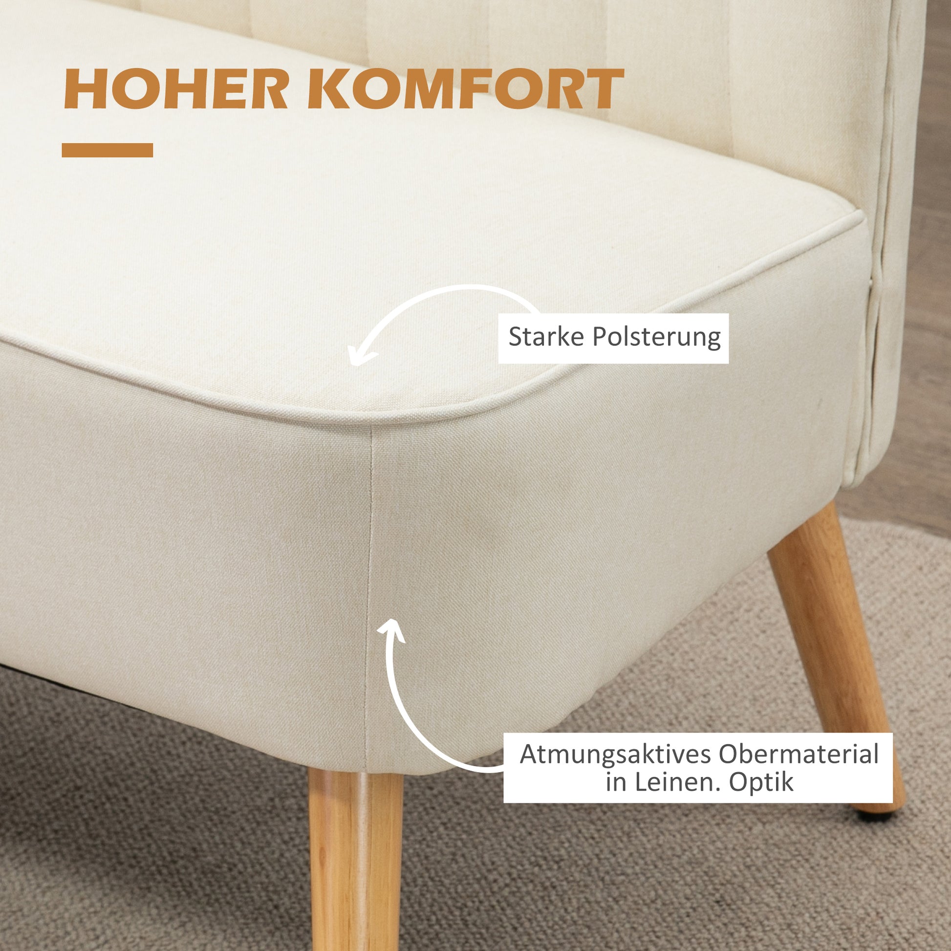2-Seater Fabric Sofa Upholstered Double Sofa Retro Look Seating Furniture Lounge Sofa Wooden Frame Cream White 117 x 56.5 x 77 cm