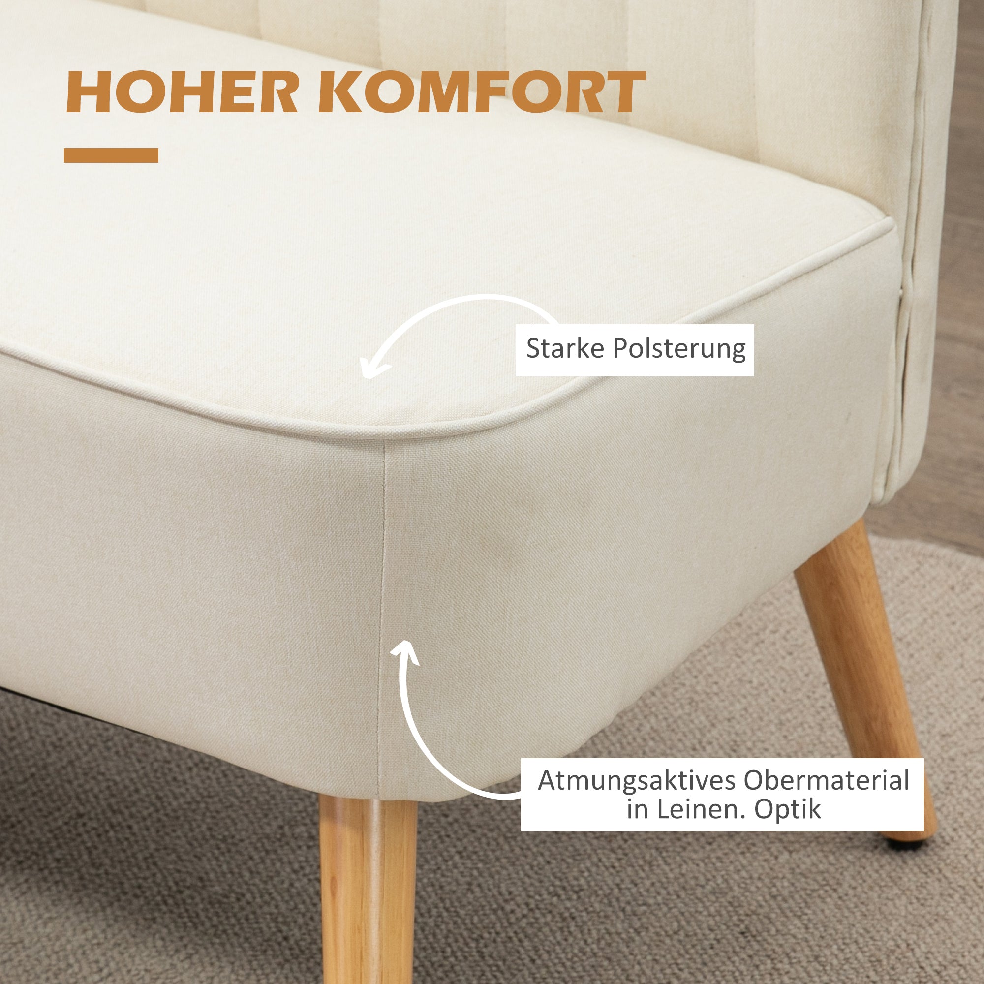 2-Seater Fabric Sofa Upholstered Double Sofa Retro Look Seating Furniture Lounge Sofa Wooden Frame Cream White 117 x 56.5 x 77 cm