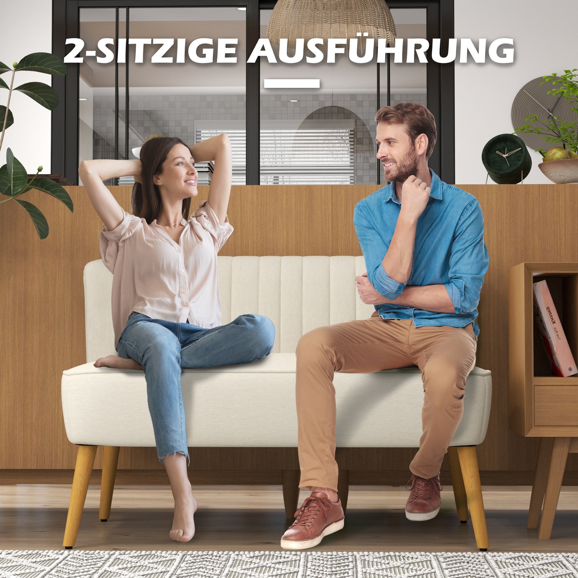 2-Seater Fabric Sofa Upholstered Double Sofa Retro Look Seating Furniture Lounge Sofa Wooden Frame Cream White 117 x 56.5 x 77 cm